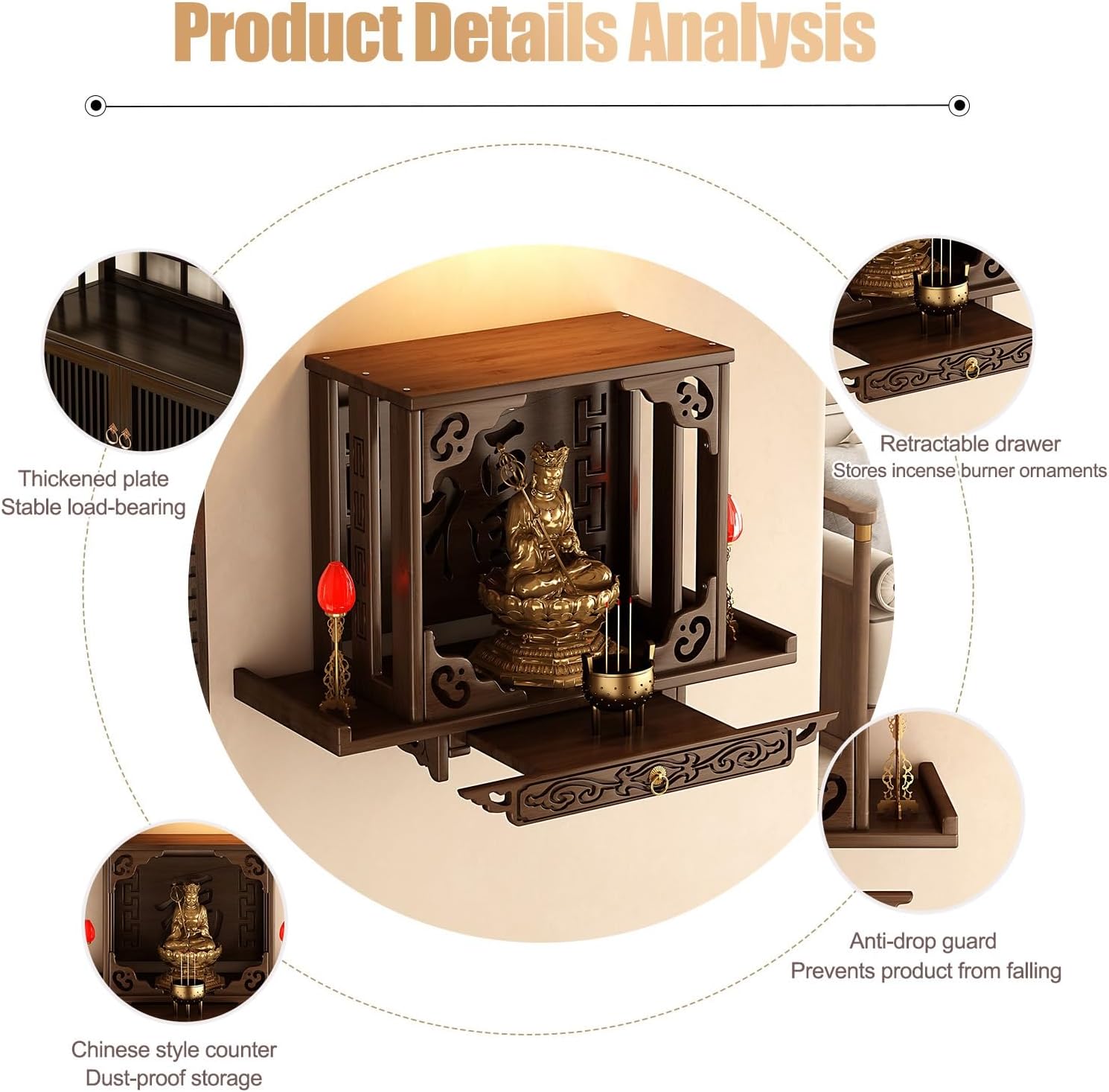 HARELA Wall-Mounted Buddha Altar Table with Pull-Out Board, Small Meditation puja Table, Chinese Altar Cabinet Offering Table Buddhist Prayer for Small Spaces(66x26x47cm/26x10.2x18.5in)