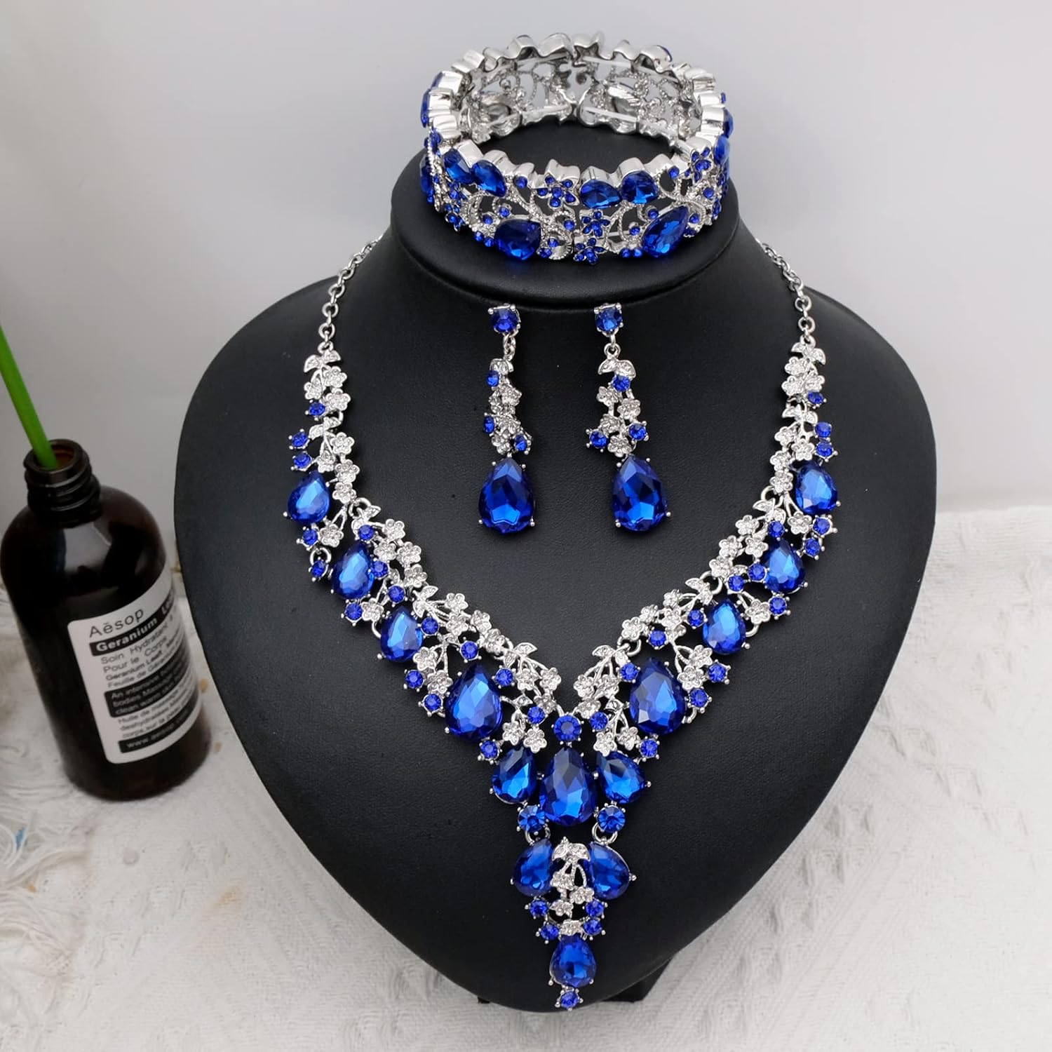 CSY Elegant Crystal Costume Jewelry Sets Flower Bridal Necklace Earrings Stretch Bangle Set for Bride Bridesmaid Wedding Dress Accessories
