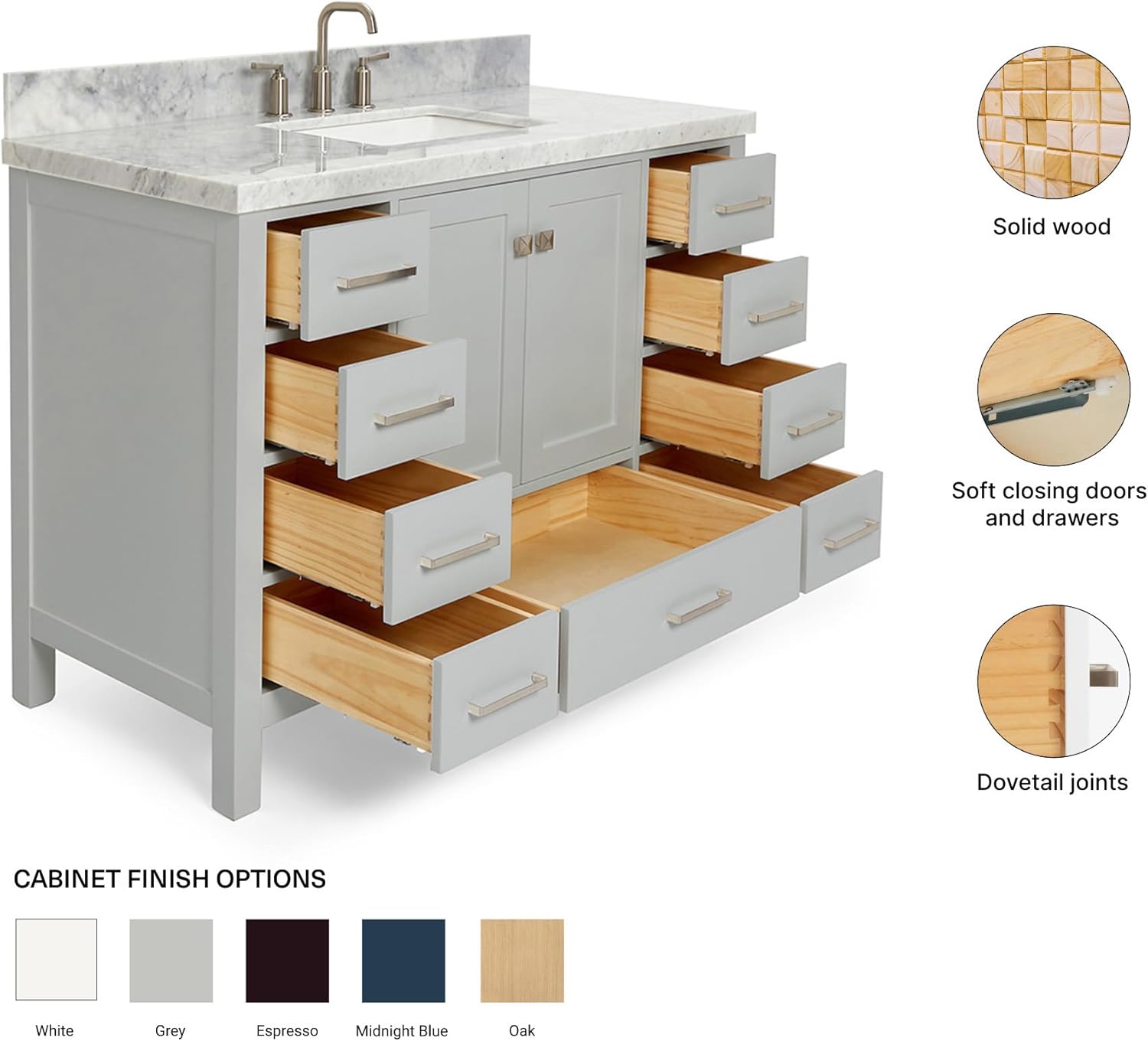 ARIEL Cambridge 48-inch Bathroom Vanity with Sink,Solid Wood, 1.5-inch Italian Carrara Marble Countertop, Single Rectangular Porcelain Sink, 2 Soft Closing Doors, 9 Dovetail Drawers, Grey