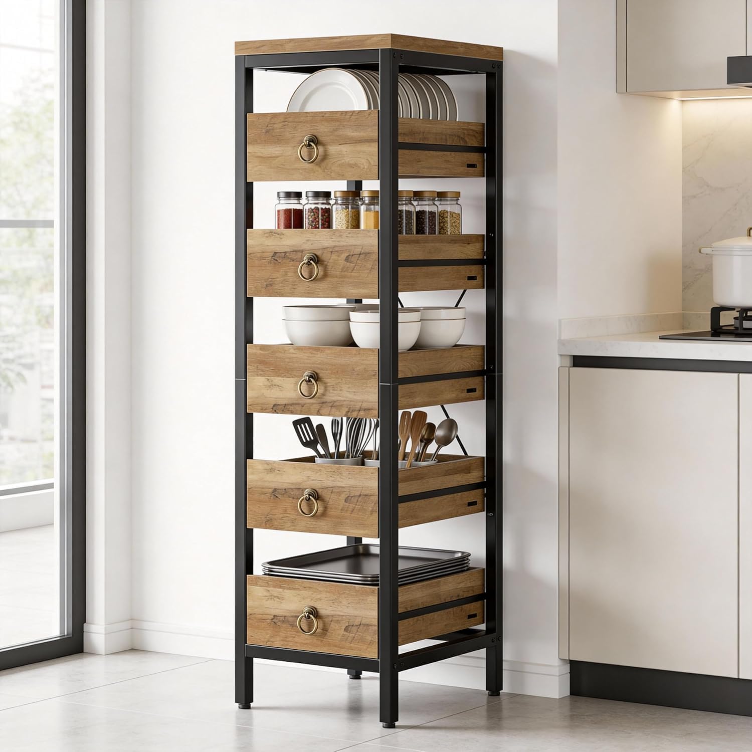 Bibliotheque Meuble de Rangement en bois,Étagère de Rangement Cuisine avec 5 tiroirs,Organisateur de Rangement en Cadre métallique pour cuisine,salon,salle de bain,Bureau(114X40X30cm,Naturel)