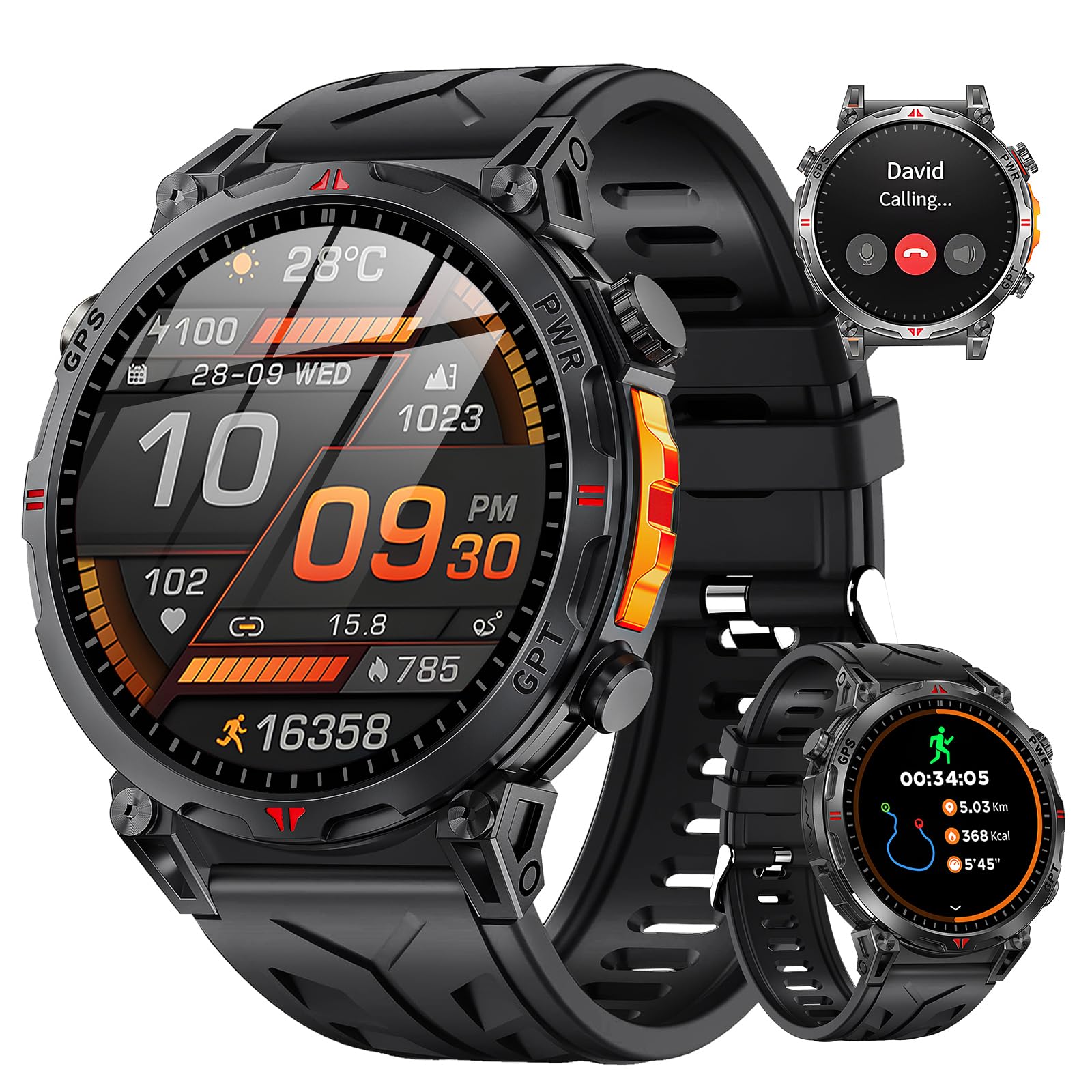 Reloj Inteligente Hombre, GPS Integrado Militar Smartwatch AMOLED 1,56 Pulgadas con Llamadas Bluetooth, 650mAh, Brújula/Altitud, 100+ Modos Deporte, Monitor Cardíaco 24h/SpO2/Sueño(iOS/Android)