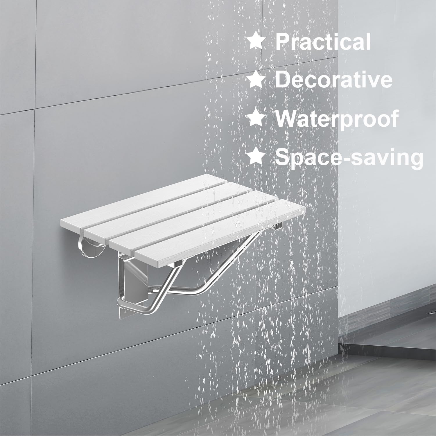 Silla de Ducha Plegable para Montaje en Pared, Asiento de Ducha de Teca, Silla de Banco para Ducha Interior, Asiento de Ducha Plegable, Silla de Ducha Plegable (Blanco, Extragrande)