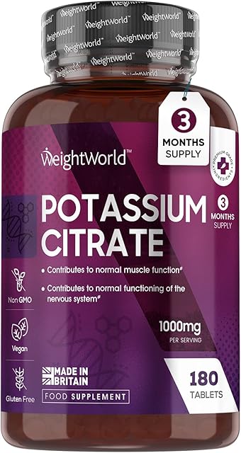 Potassium Supplement 1000mg - 180 Vegan Potassium Tablets (3 Month Supply) - High Strength Potassium Citrate - Natural Electrolytes Support - Superior Bioavailability & Absorption - Made in The UK