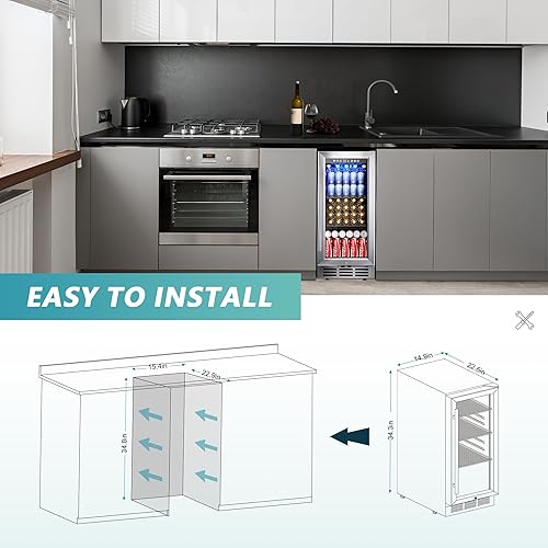 Miniatura 6 de EUHOMY Refrigerador de bebidas de 15 pulgadas bajo encimera, 127 latas, refrigerador de bebidas integrado o independiente con puerta de vidrio, luz