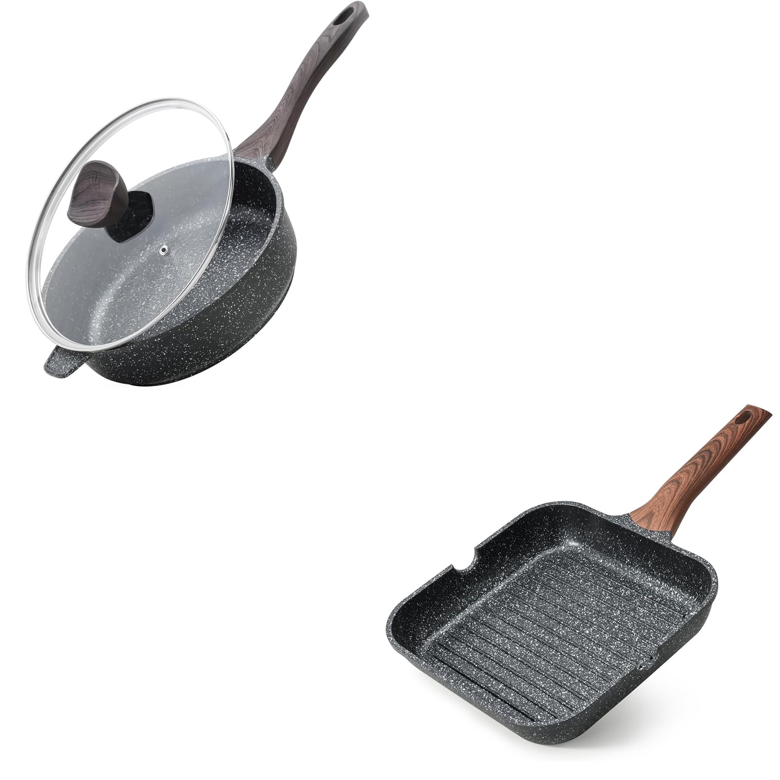 Kordisen Nonstick Grilling Pan for Stove Tops, 9.5 Inch Square Grill Pan for Indoor Cooking, Granite Coating Grill Skillet with Pour Spouts, Versatile Griddle, Induction Steak Pan, PFOA Free