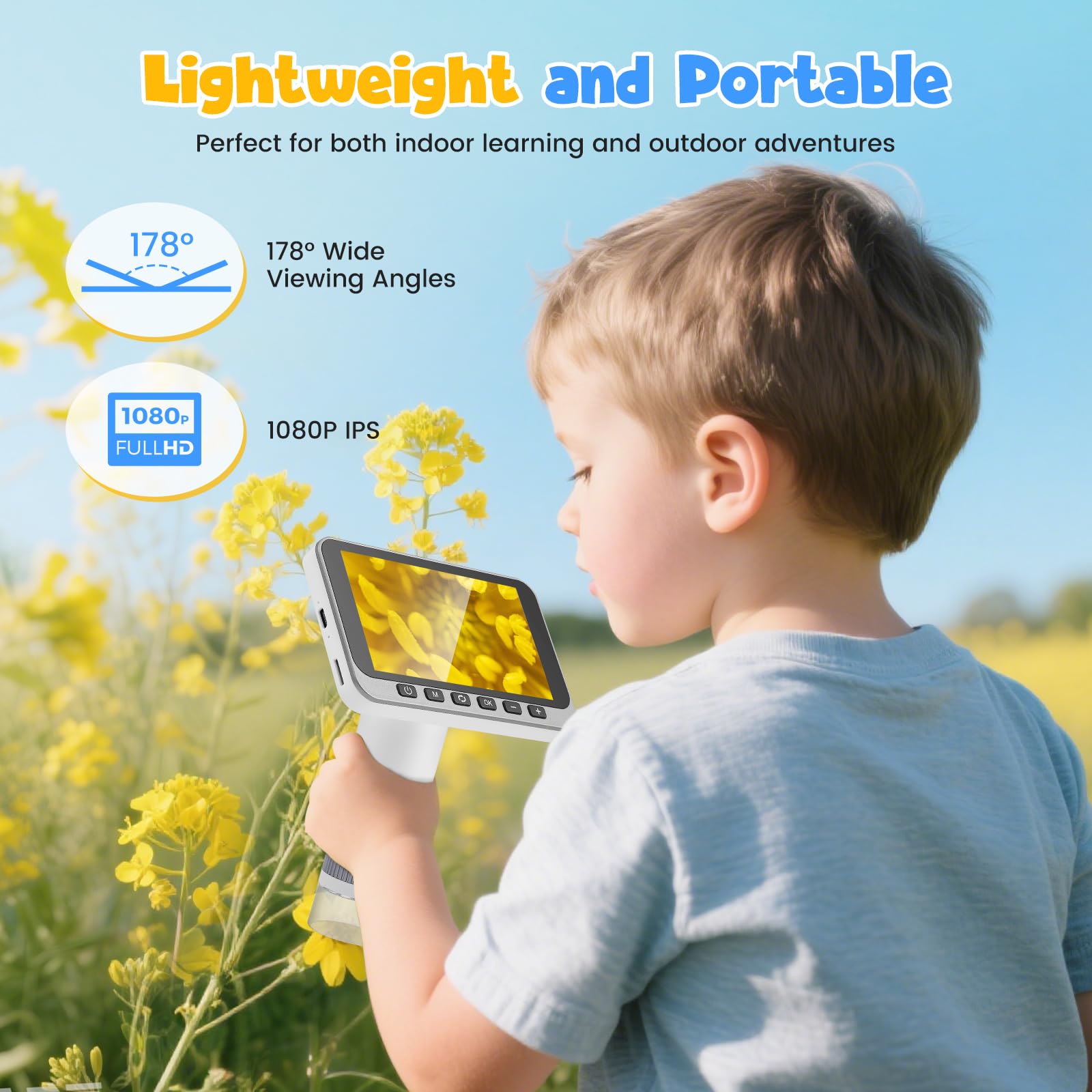 Microscopio digital para niños de 5 a 1000 x, pantalla IPS de 4,5 pulgadas, 1080P, microscopio portátil de mano con tarjeta de 32 GB, foto y vídeo, conexión de PC para escuela naturaleza