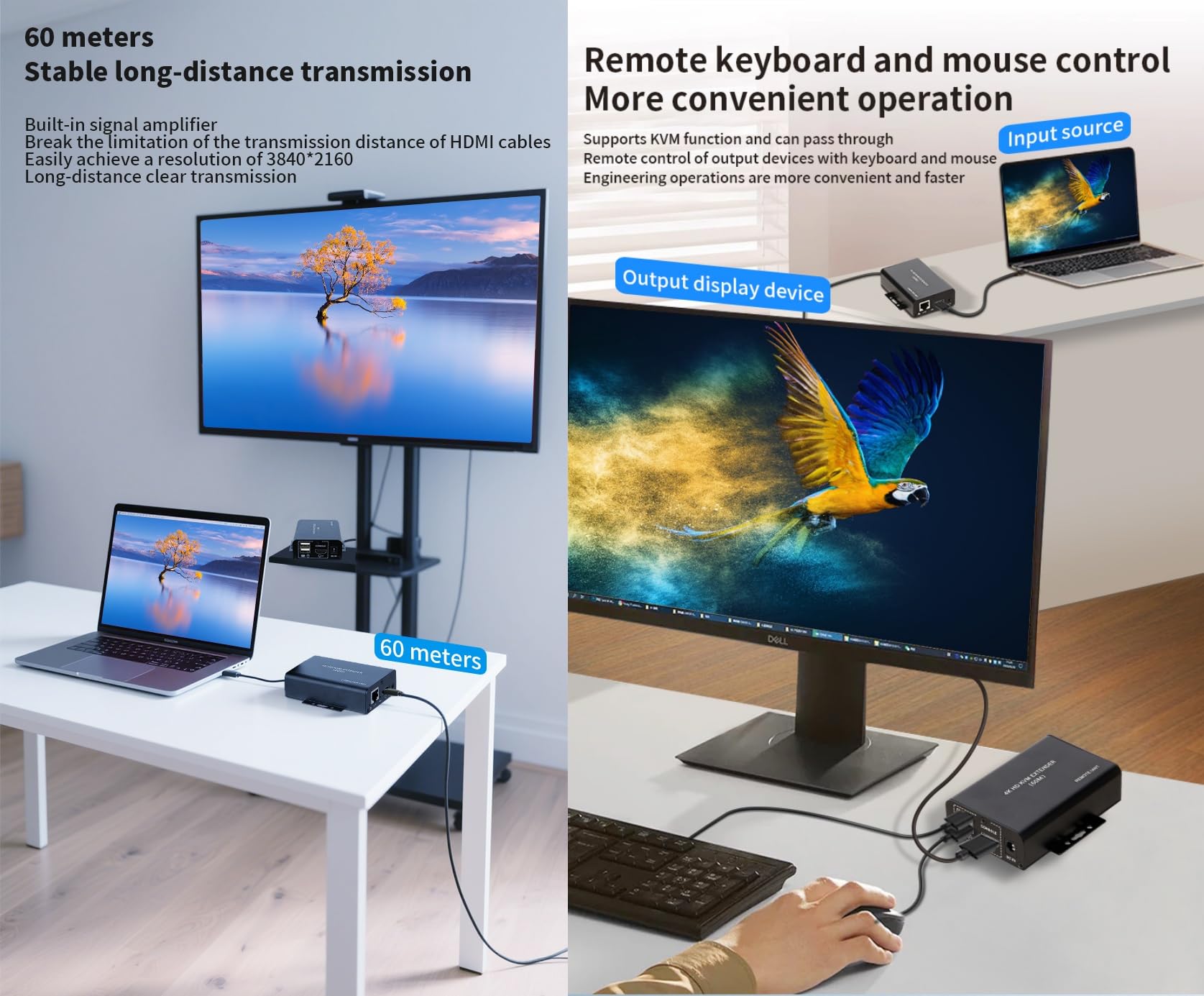 Extendeur KVM HDMI 60M sur Cat5e Cat6 4K30Hz HDMI USB KVM 60m avec fonction de sortie double boucle et extension clavier/souris USB