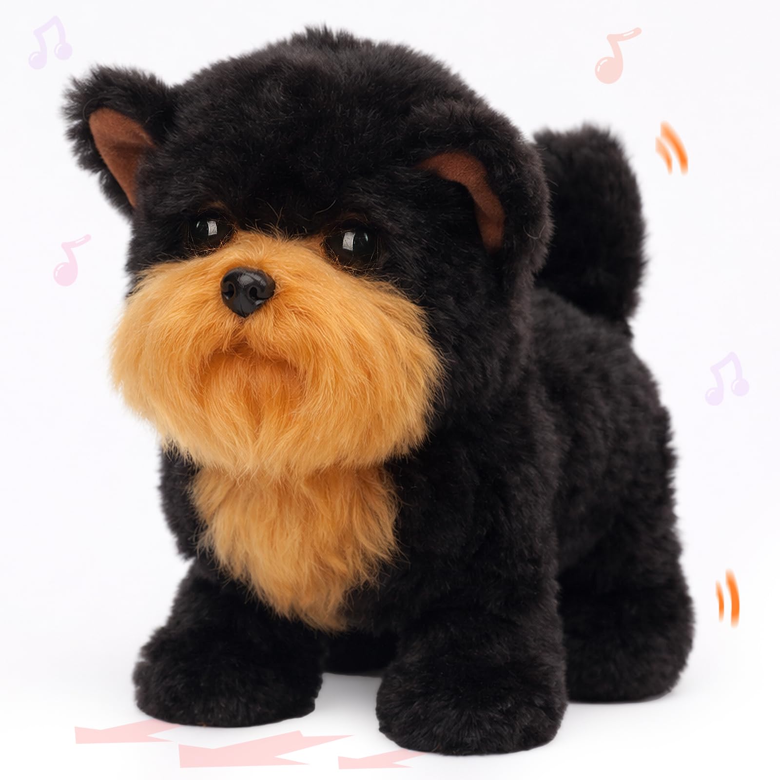Hopearl Walking Black Yorkshire Terrier Interactive Electronic Pet Plush Toy Puppy Woof and Moving Animated Nodding Head Gifts for Toddlers Birthday,7''