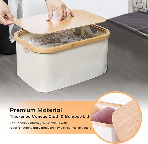 Miniatura 3 de ANMINY Contenedor de almacenamiento con asas de tapa de bambú extraíbles, caja de lona apilable con tapa para armario, estante, cubo, plegable,