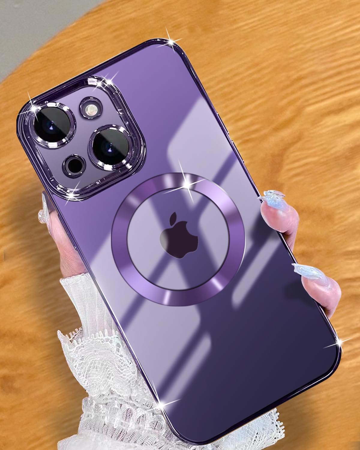 Photo 1 of Uxinuo Magnetic Matallic Glossy Clear for iPhone 14 Plus Phoen Case with Full Camera Cover Protection [N52 Magnets] [Military Grade Drop Protection] for Women Girls Phone Case (6.7") Purple iPhone 14 Plus Purple