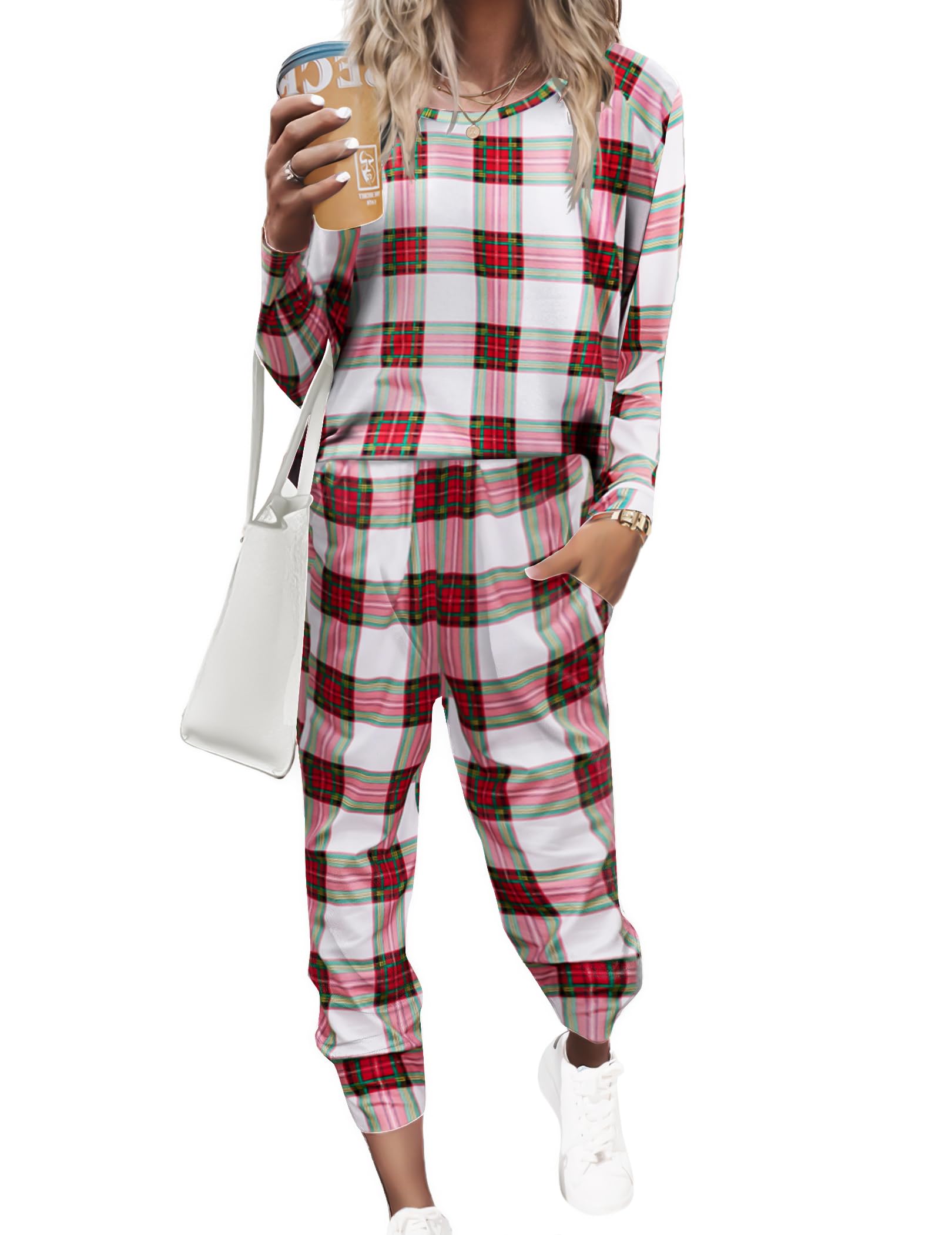 Ekouaer Women's Pajama Sets Casual 2Pcs Sleepwear Long Sleeve Pullover Tops Long Joggers Pants with Pockets