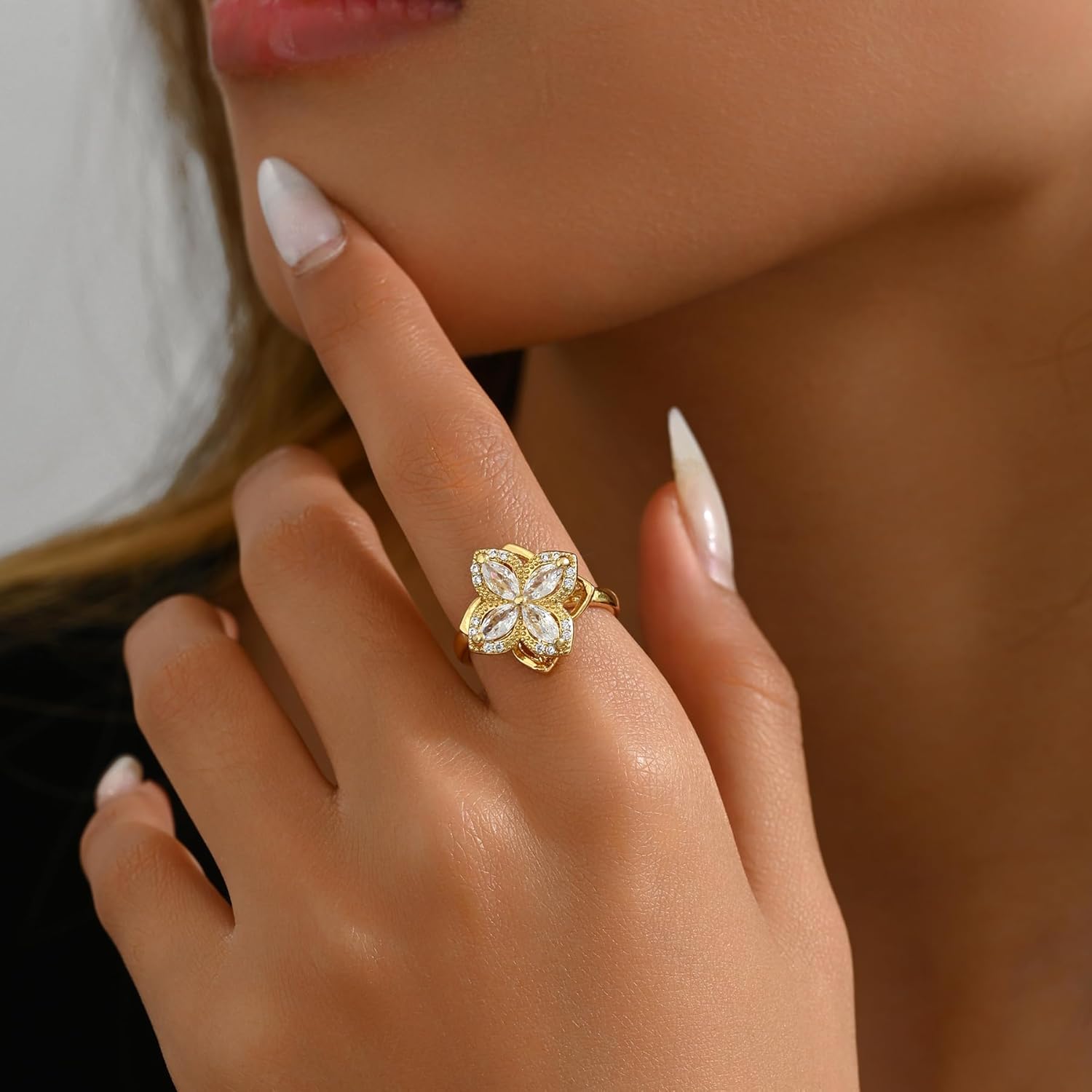 Gold Rings for Women Open Anti Anxiety Spinner Ring Adjustable Fidget Rings Evil Eye Flower Ring Jewelry Four Leaf-Gold image 2 of 8 B0CXHPS44P