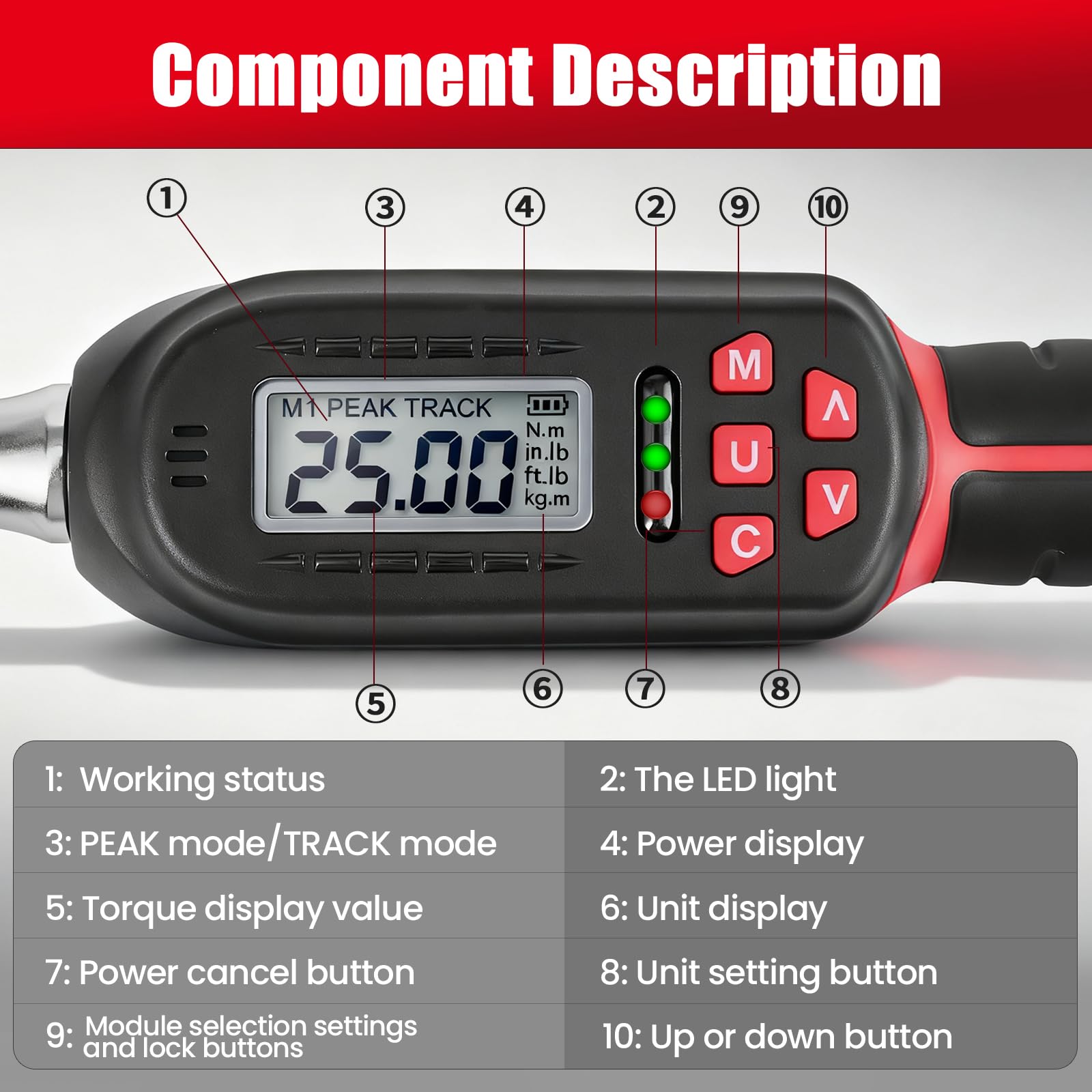 Llave dinamométrica digital ajustable de 6.8-135 N.m, llave dinamométrica electrónica intercambiable con extremo abierto de 42 mm y trinquete de 1/2 pulgada, precisión del 2%, alerta de
