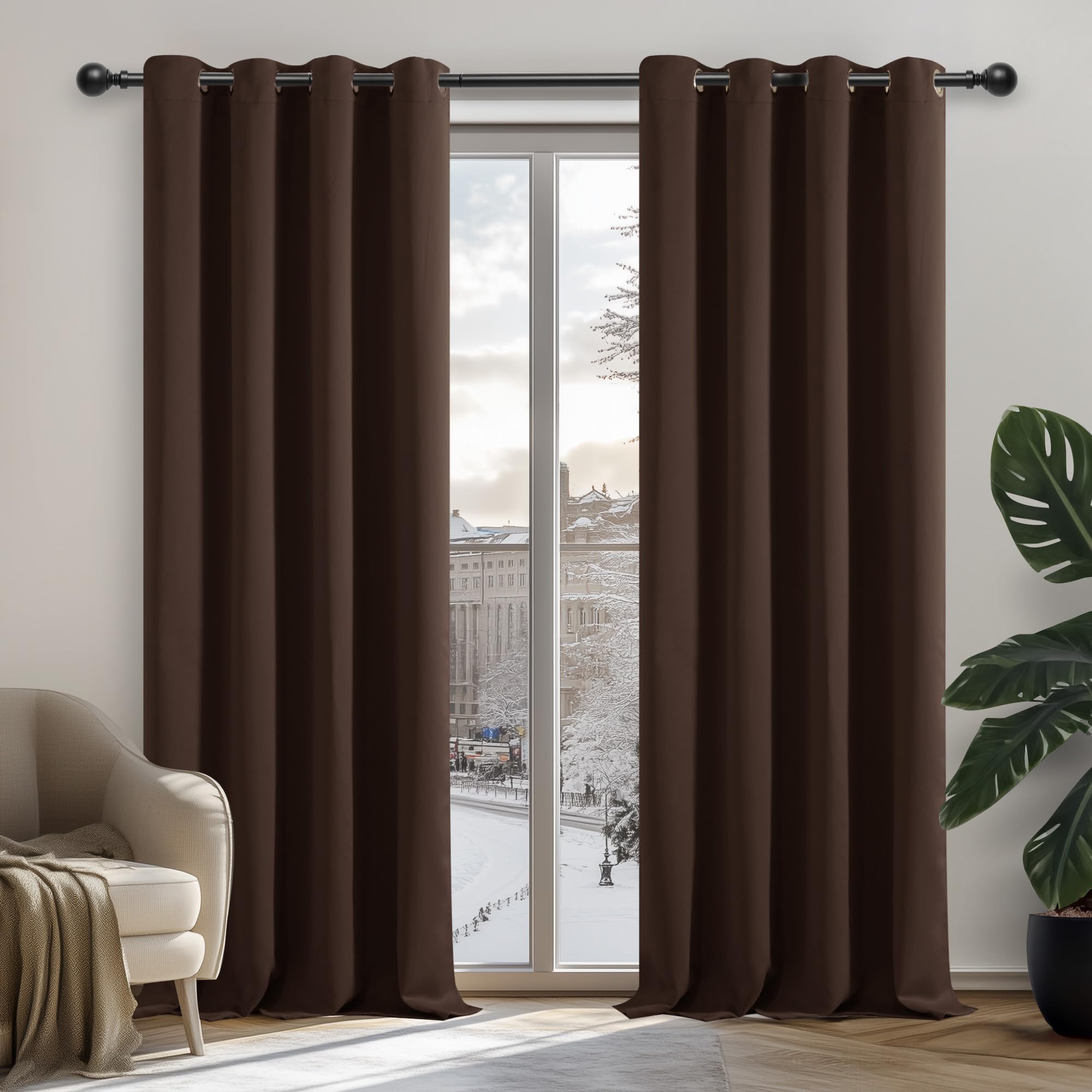 Deconovo Tende Oscuranti per Interni 2 Pezzi 210 CM Altezza, Termiche Isolanti, Anti-Rumore, con Anelli, Ideali per Camera da Letto e Soggiorno, 140x210 CM, Marrone