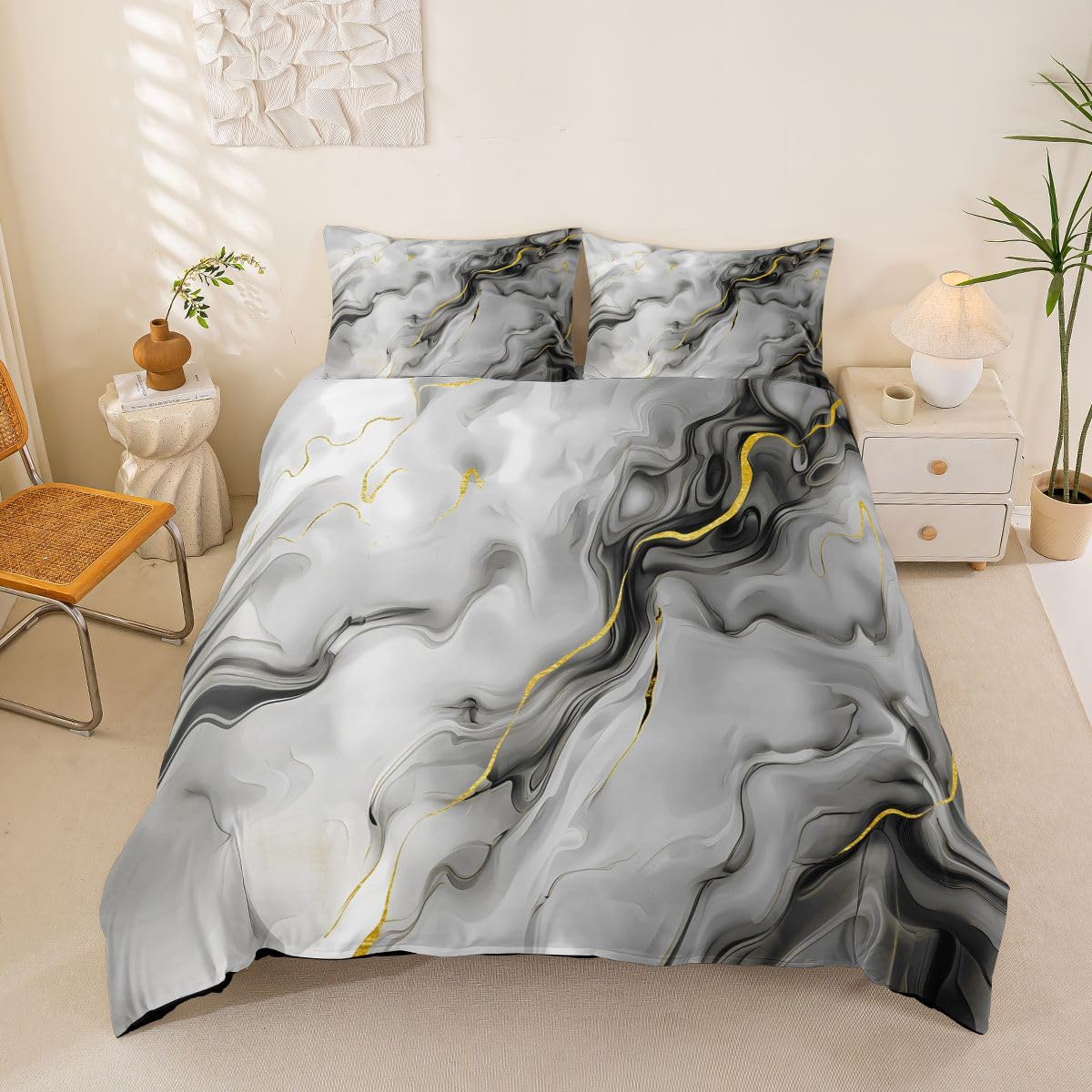 Housse de couette microfibre 200x200cm gris marbre au tissage géométrique haut de gamme
