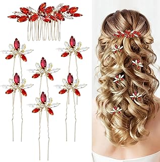 7 Pieces Decorative Red Party Prom Wedding Bridal Rhinestone Hair Side Comb+U-shaped Hair Pins Accessories for Women Girls Brides Bridesmaids