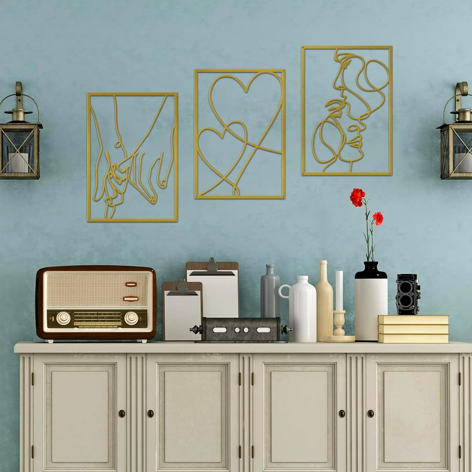 3 Pieces Metal Minimalist Line Wall Art, Valentine's Day Lover Kiss Hand Metal Wall Decor, Aesthetic Modern Home Hanging Wall Art Decor for Bedroom Bathroom Living Room (Gold)