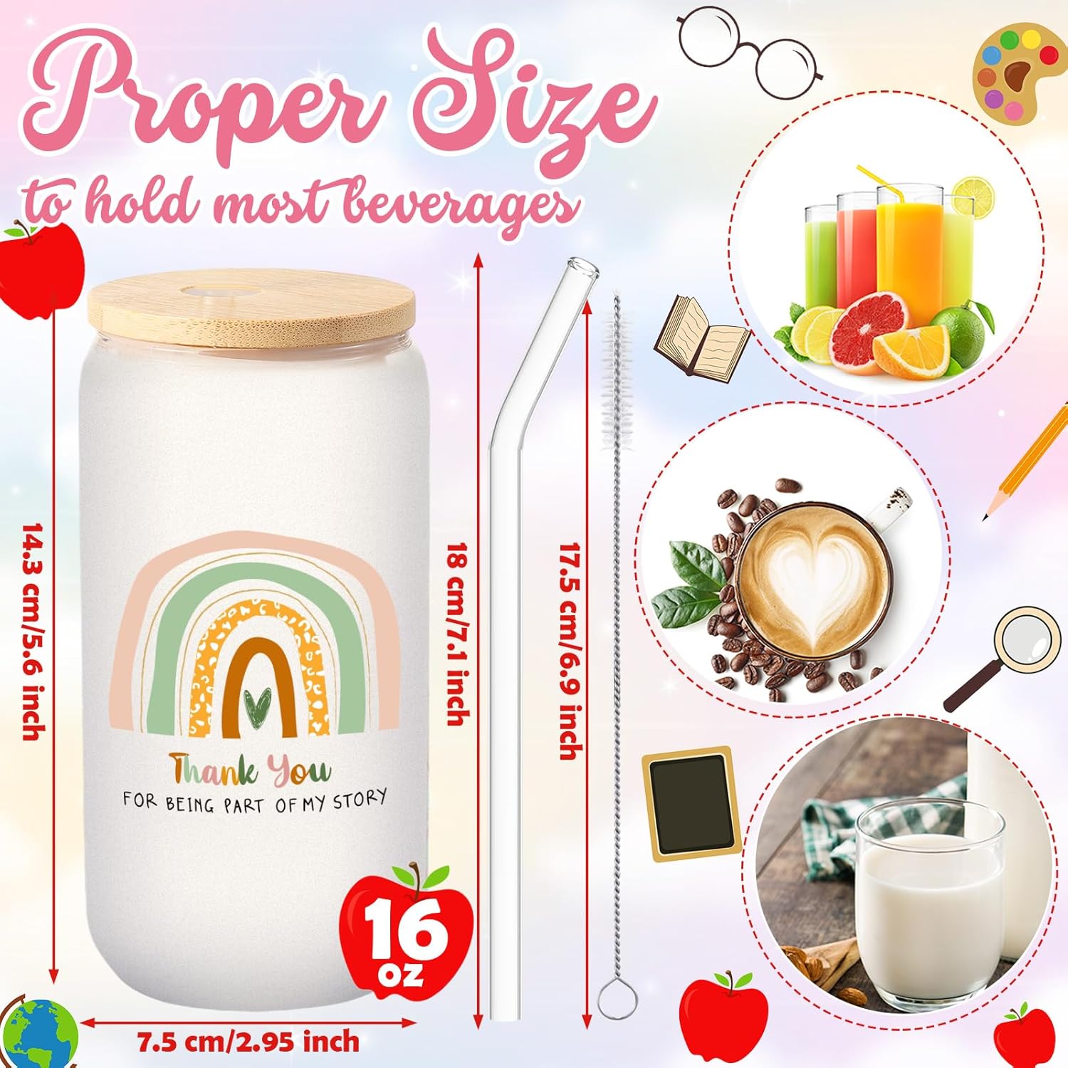 Honeydak 2 Sets Valentines Day Teacher Gifts Thank You Glass Cups End of The Year Appreciation Tumbler with Lid and Straw, 16 oz Thank You for Being Part of My Story Coffee Mugs - Image 5