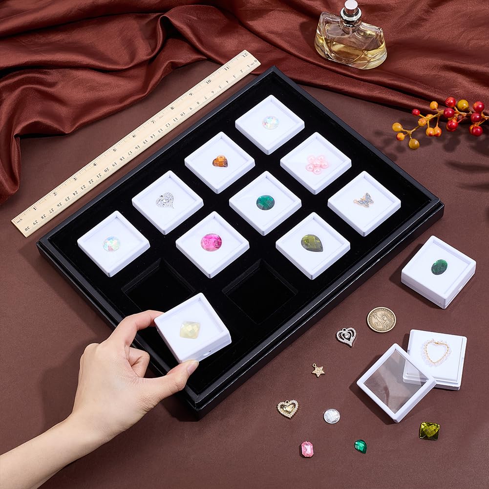 PH PandaHall Edelstein Display Box Schwarzer Schmuckkasten Tabletts mit 12 Stk. weißer quadratischer Box 5cm Diamant-Vitrine Box mit Klarsichtfenster Weiße Schwammeinlagen für Edelsteine Diamanten