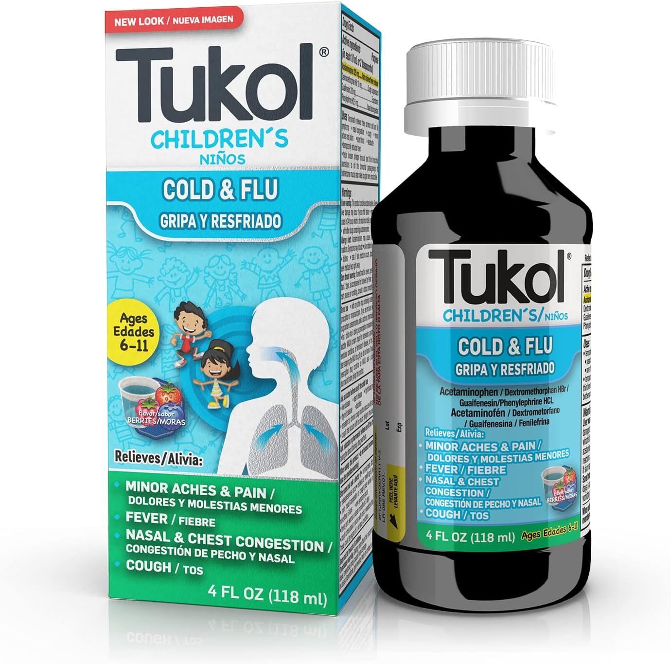 TUKOL Children's Cold and Fever Relief, Berry Flavor, Cherry, 4 Fl Oz