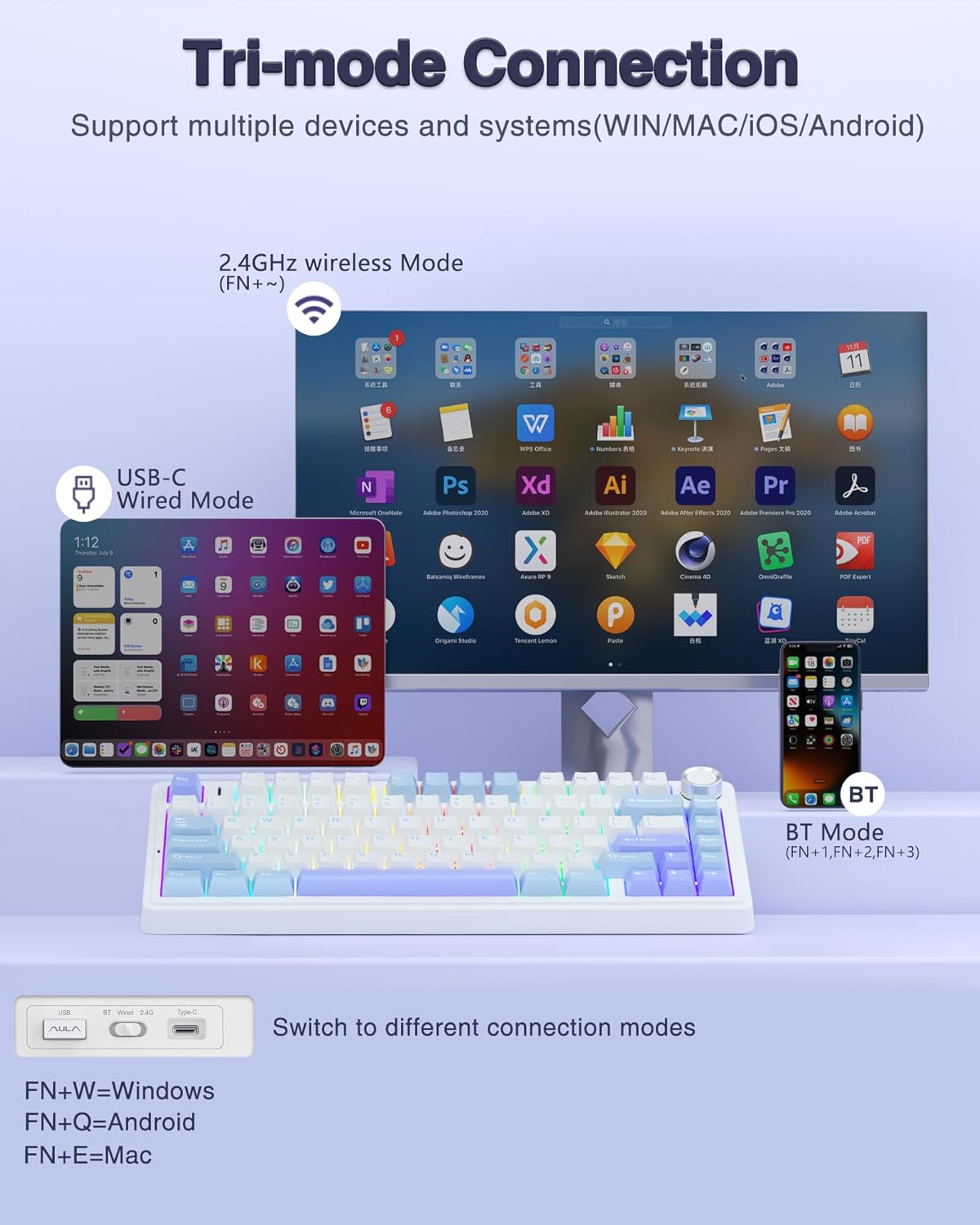 AULA Wireless Keyboard and Mouse Combo, F75 75% Mechanical Keyboards, Hot Swappable Custom Keyboard+SC580 Wireless Gaming Mouse White