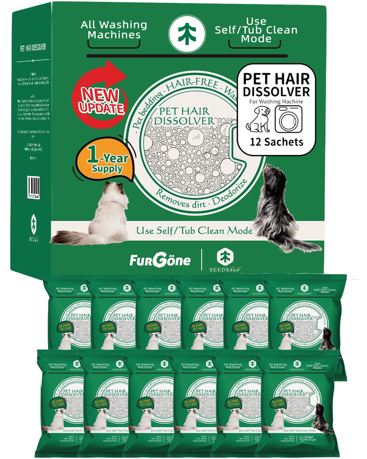 FURGONE by Seedshub Upgraded Pet Hair Dissolver Pro Washing Machine Cleaner Powder, Deep Cleaning Pet Bedding, 100g, 12 Sachets, Dog Cat Hair | Stain