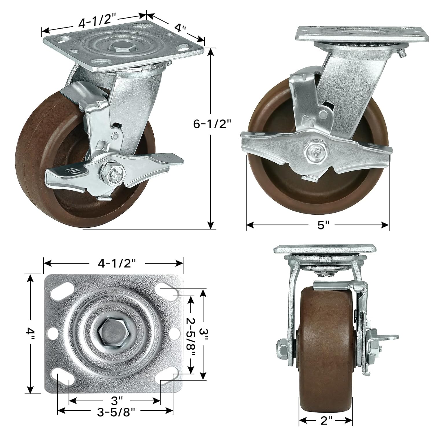 5x2 Heavy Duty Casters- Hi Temperature Wheels, Industrial Casters- Set of 4 with Strong Capacity 4000 LB, Temperature Range:-40F to 525F. Use for Ovens, and Dryers (2 Brake &2 Swivel)