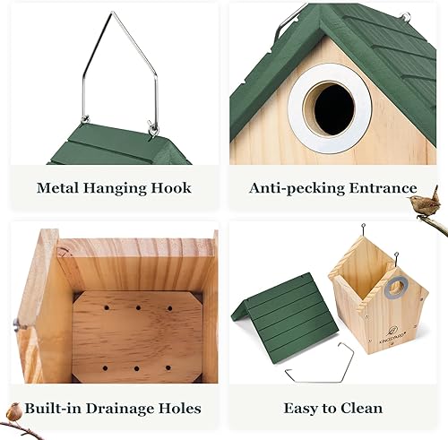 Miniatura 2 de Kingsyard Casa de madera para pájaros con protector de depredadores, anidación de pájaros Wren para exteriores, jardín y patio, caja nido para