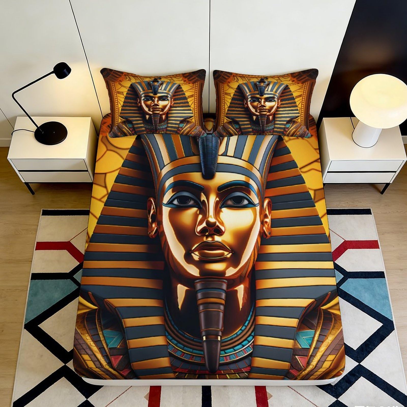 3D Printed Pharaoh Mask Fitted Sheet Microfiber Soft Breathable Egyptian Sphinx Mattress Cover for Bedroom Dorm Decor 90x200x25cm