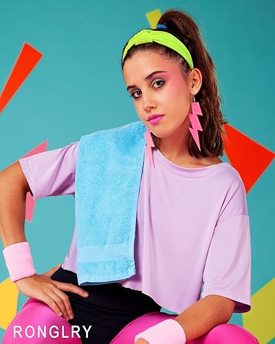 Miniatura 4 de Ronglry 3 diademas de neón de los años 80 y 90, accesorios de atuendo para mujer, diadema elástica retro anudada para mujer, accesorios para el