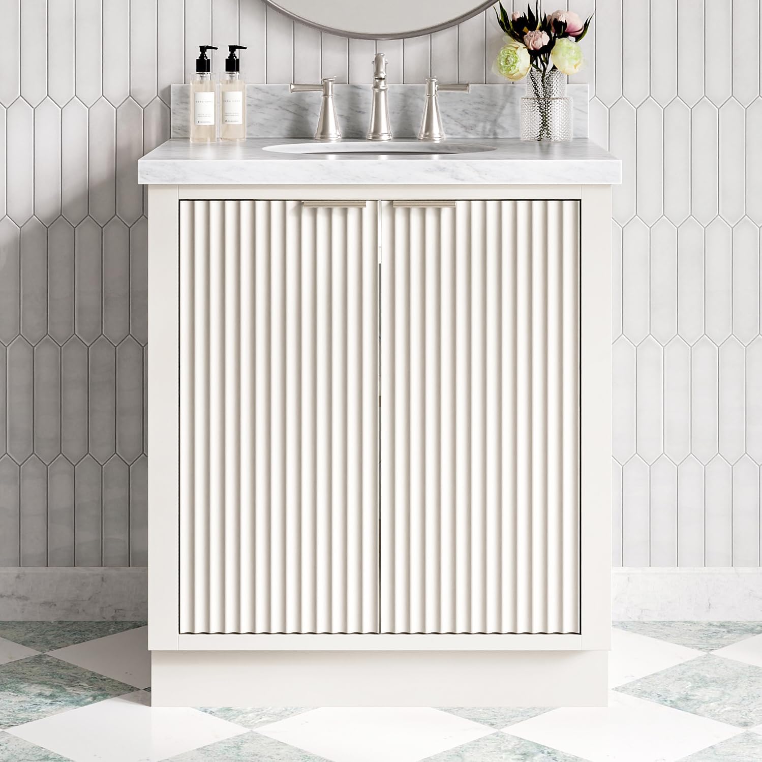 ARIEL Milan 30-inch Bathroom Vanity with Sink,Solid Wood, 1.5-inch Italian Carrara Marble Countertop & Backsplash, Single Rectangular Porcelain Sink, 2 Soft Closing Doors, Brushed Nickel, Warm White