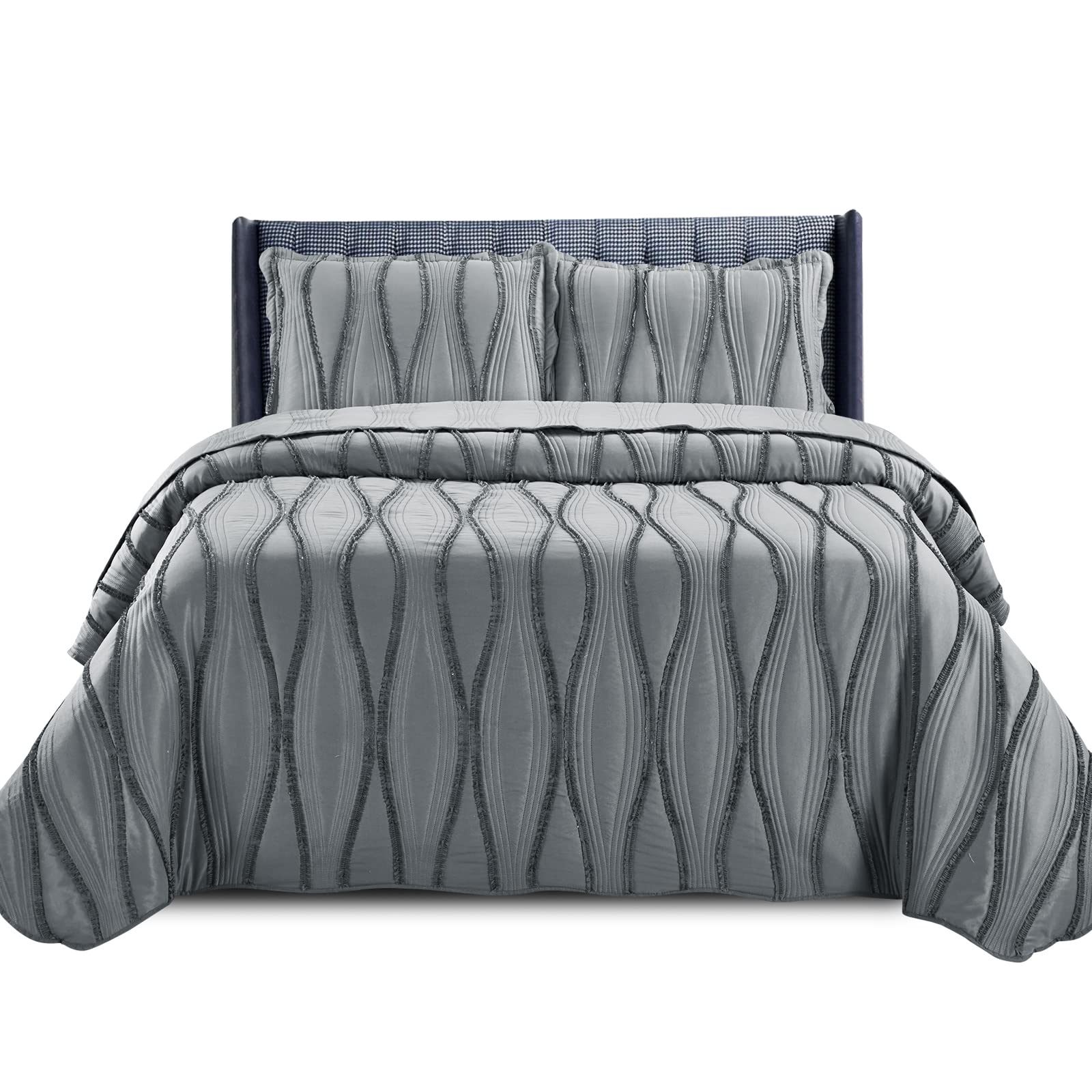 PHP Beautiful Quilted Bedspread Throw Embossed Frilled Pattern Quilt Coverlets Bedspreads Throw Bedding for All Season Comforter Set - Grey - Super King