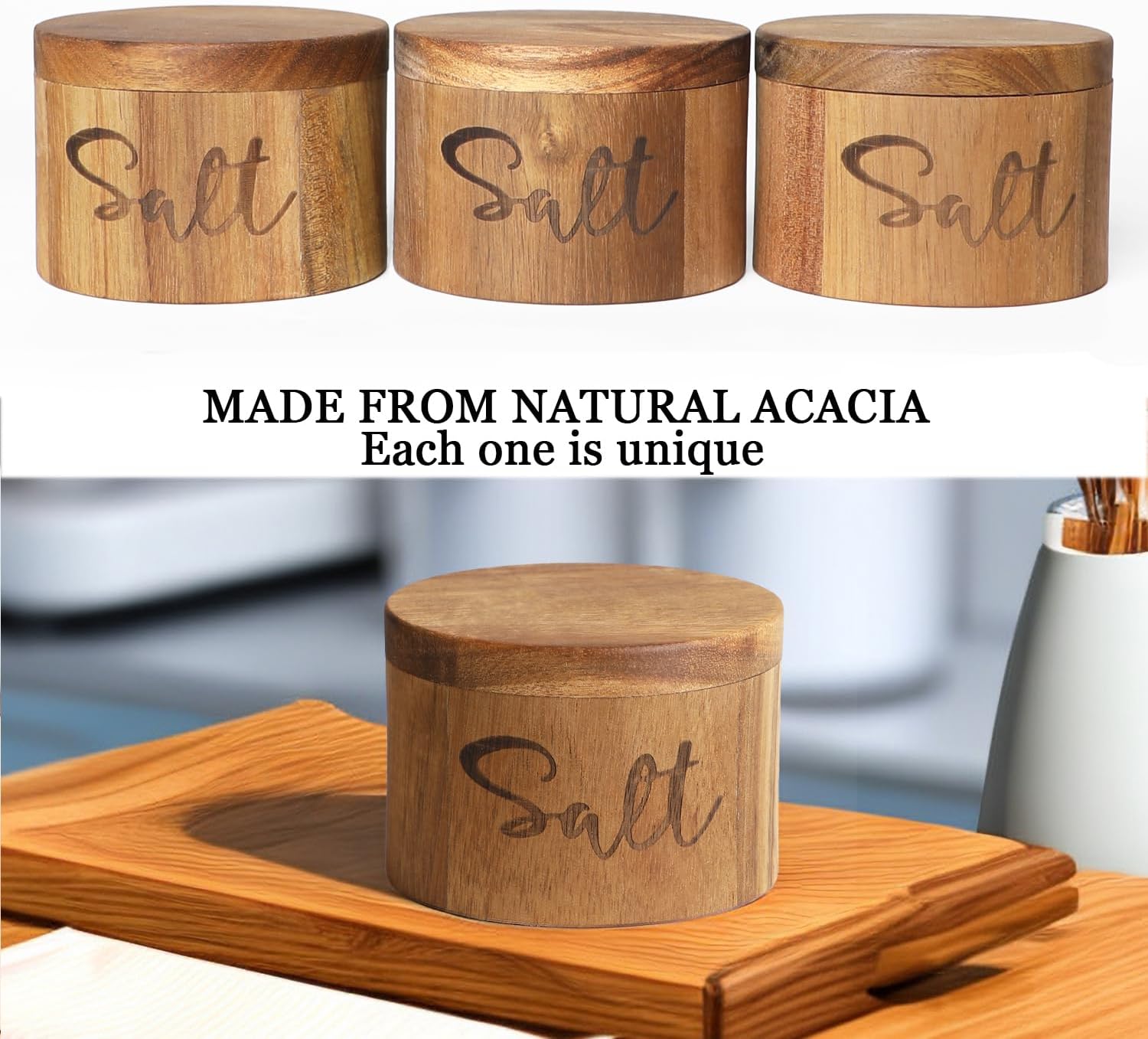 Acacia Wood Spice Boxs with Swivel Cover for Kitchen Countertop,Salt Keeper with Built-in Spoon,Modern Farmhouse Kitchen Decoror for Storing Seasonings (Labeled Salt) image 4