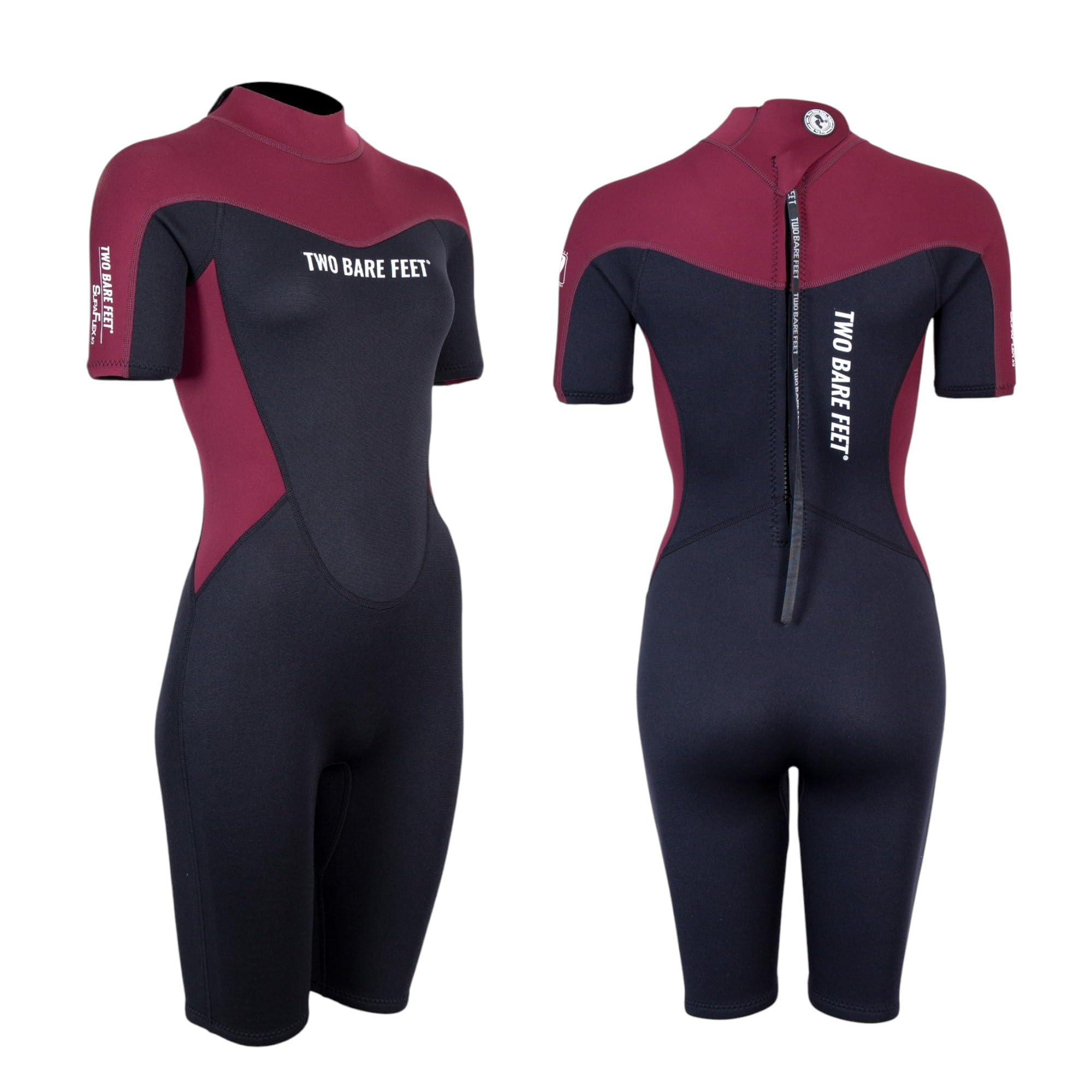 Two Bare Feet Womens Shorty Wetsuit 3/2mm Superstrech Neoprene Summer Ladies Surf Suit, Back Zip – Surfing, Paddleboarding, Open Water & Wild Swimming (S, Black/Burgundy)