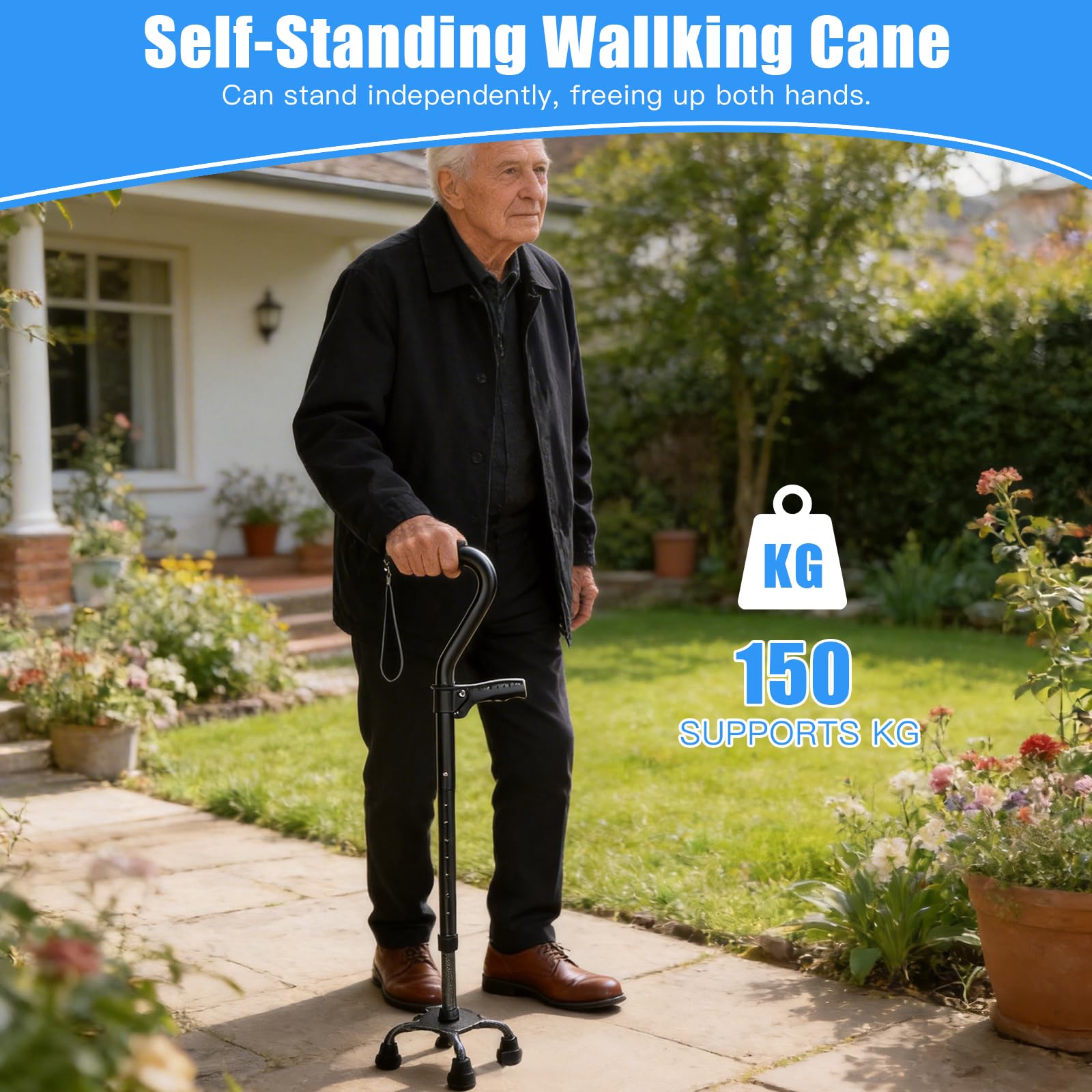 Bastone Pieghevole con Base a 4 Rebbi e Doppia Impugnatura - Aiuto alla Deambulazione Regolabile e Leggero per Donna/Uomo - Bastone Quad Stabile per Anziani e Adulti - Impugnatura Morbida Ergonomica