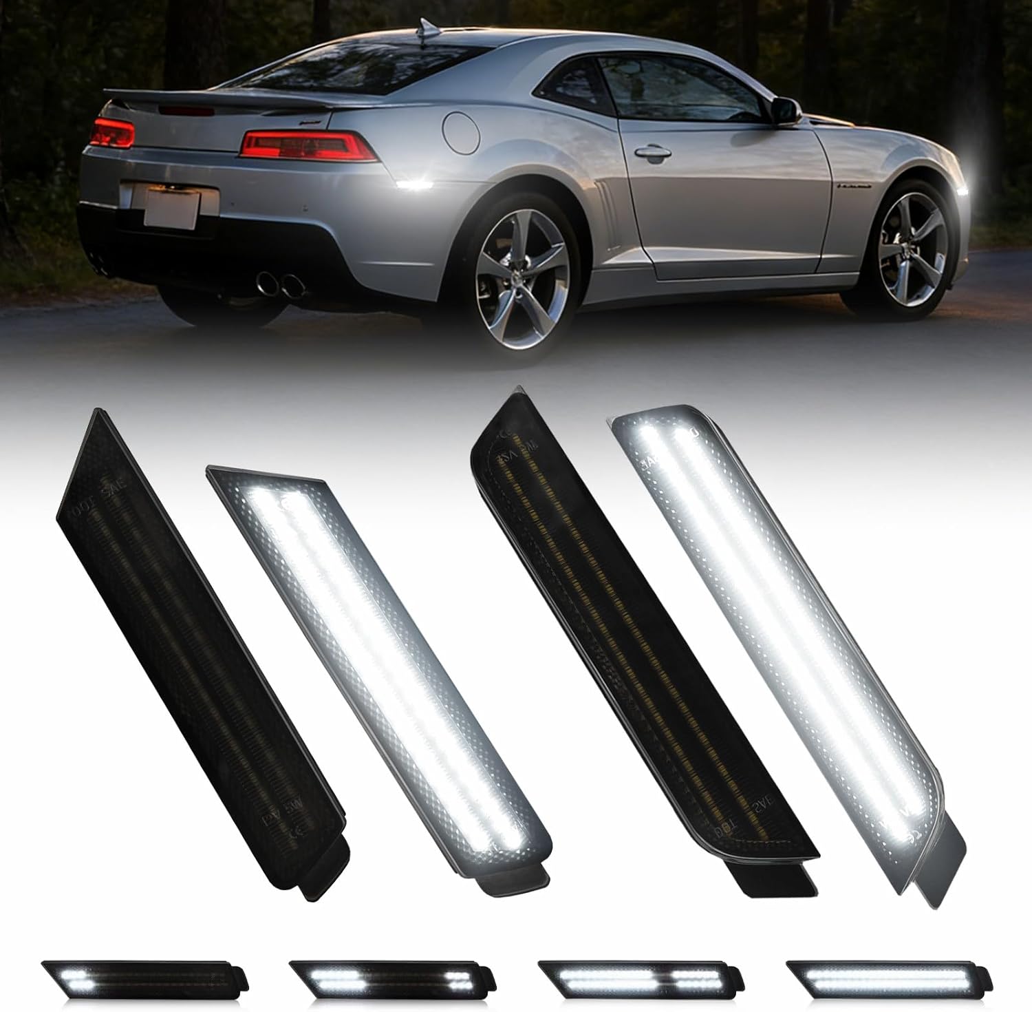 AUTOONE Upgraded Dynamic LED Side Marker Lights White Compatible With 2010-2015 Chevrolet Camaro, Sequential White Front & Rear Bumper Marker Lamps Smoked Len, 4PCS
