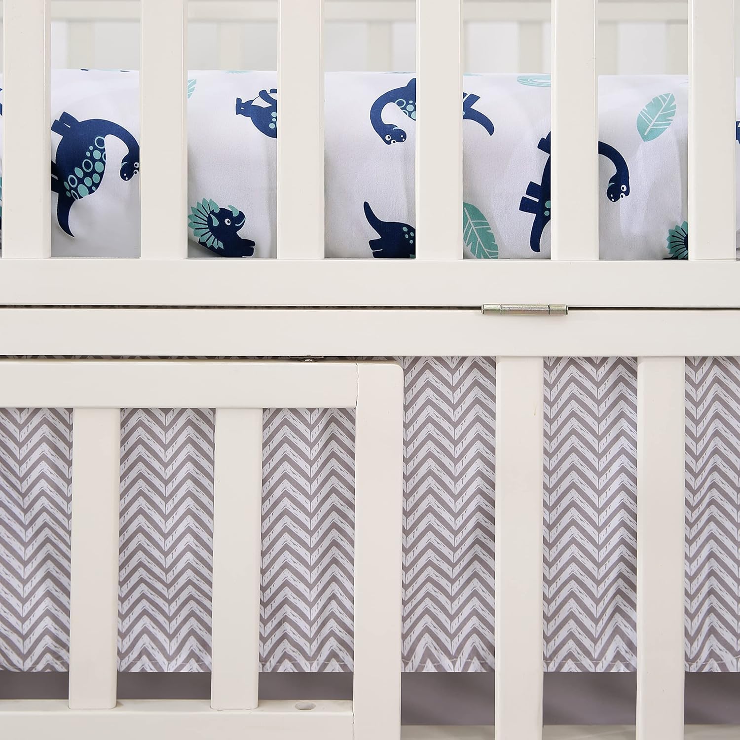 8 PC Dinosaur Crib Bedding Set for Baby Boys, Blue Nursery Set with Quilt/Sheet/Dust Ruffle/Blanket/Diaper Stacker/3 Wall Stickers