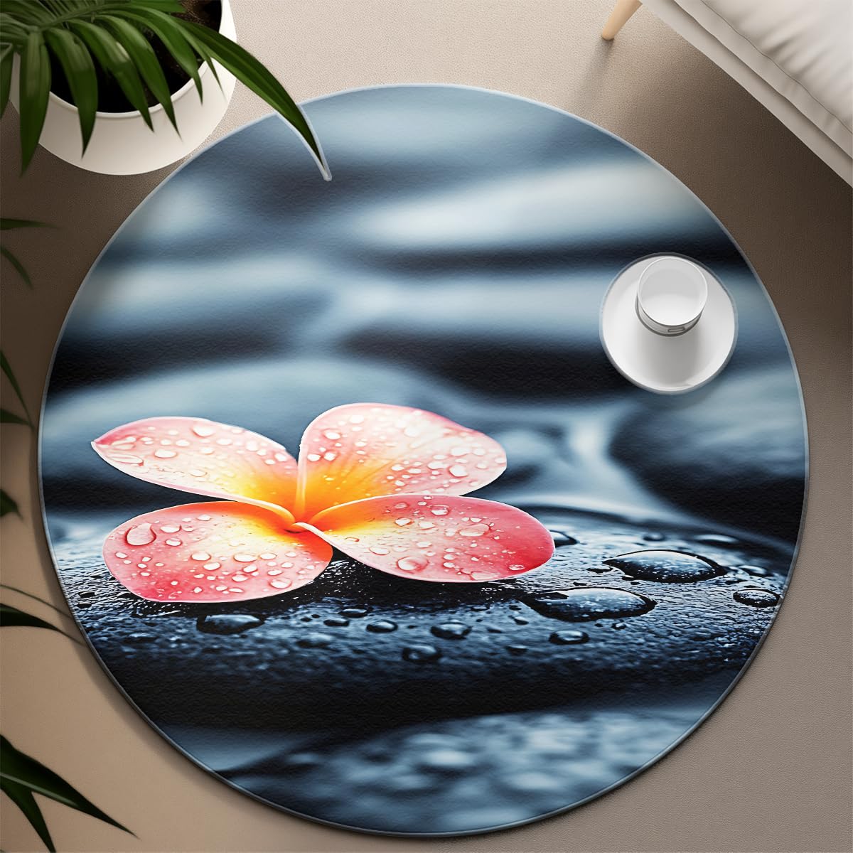 Tapis Floraux de Jardin Plumes Rondes Pierres en Forme de rosée et imprimé Frangipani Rouge Moquette Poil Bas et Confortable Facile Nettoyer pour la méditation décoration du Salon 100cm