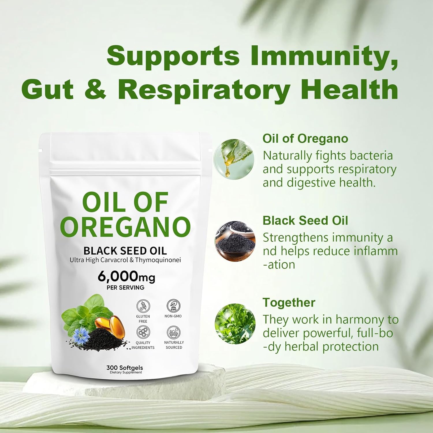 Oil of Oregano 6,000mg with Black Seed Oil, Oregano Oil Capsules Organic with Carvacrol & Thymoquinone, 2-in-1 Formula for Immune Support & Digestive Health, Non-GMO & Gluten Free, 300 Softgels (1) - Image 3