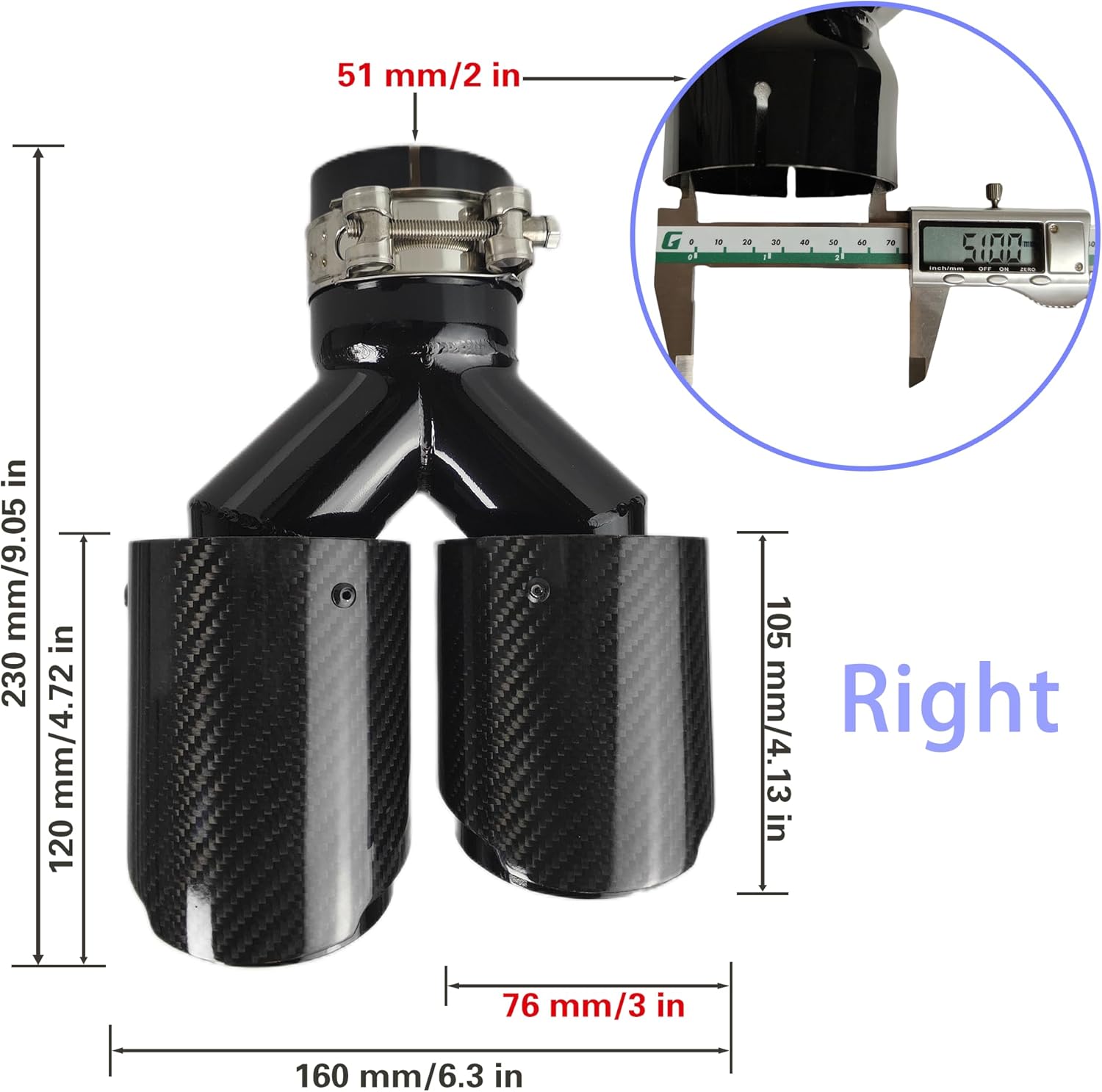 Car Carbon Fiber Dual Exhaust Tip,2in，2.5in，3in Inlet 3in，3.5in，4in Outlet 9.8" Overall Length Carbon Fiber Stainless Steel Exhaust Tips Y Pipe Tailpipe (51mm ID-76mm OD Right)
