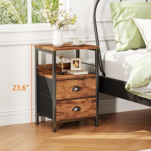 Miniatura 25 de Furologee Juego de 2 mesitas de noche, mesita de noche con 2 cajones de tela, mesitas de noche con estante abierto, parte superior de madera, Roble