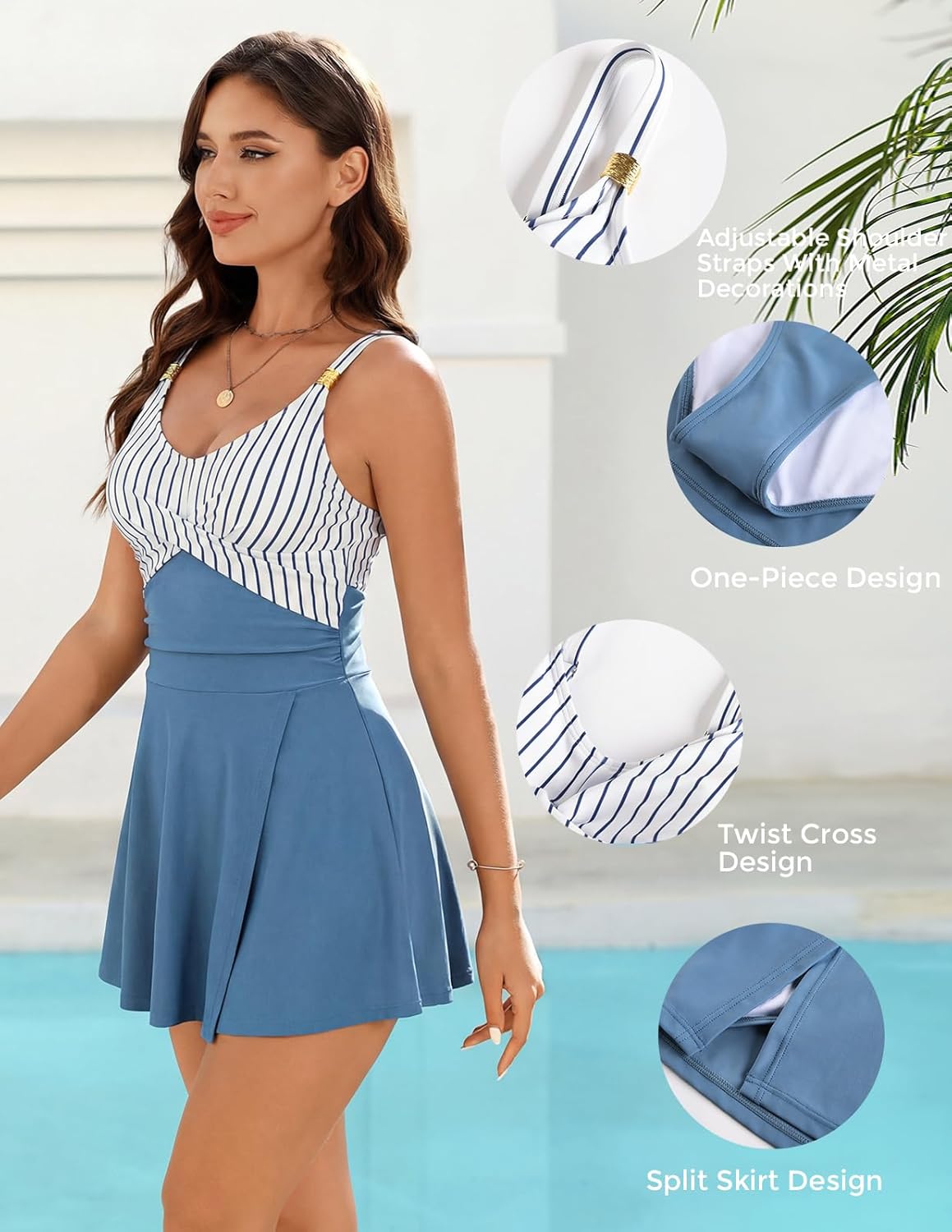 Hanna Nikole Womens One Piece Swimsuits,Tummy Control Bathing Suit,Gold Metal Criss Cross Swimdress,Skirted Swimwear - Image 5