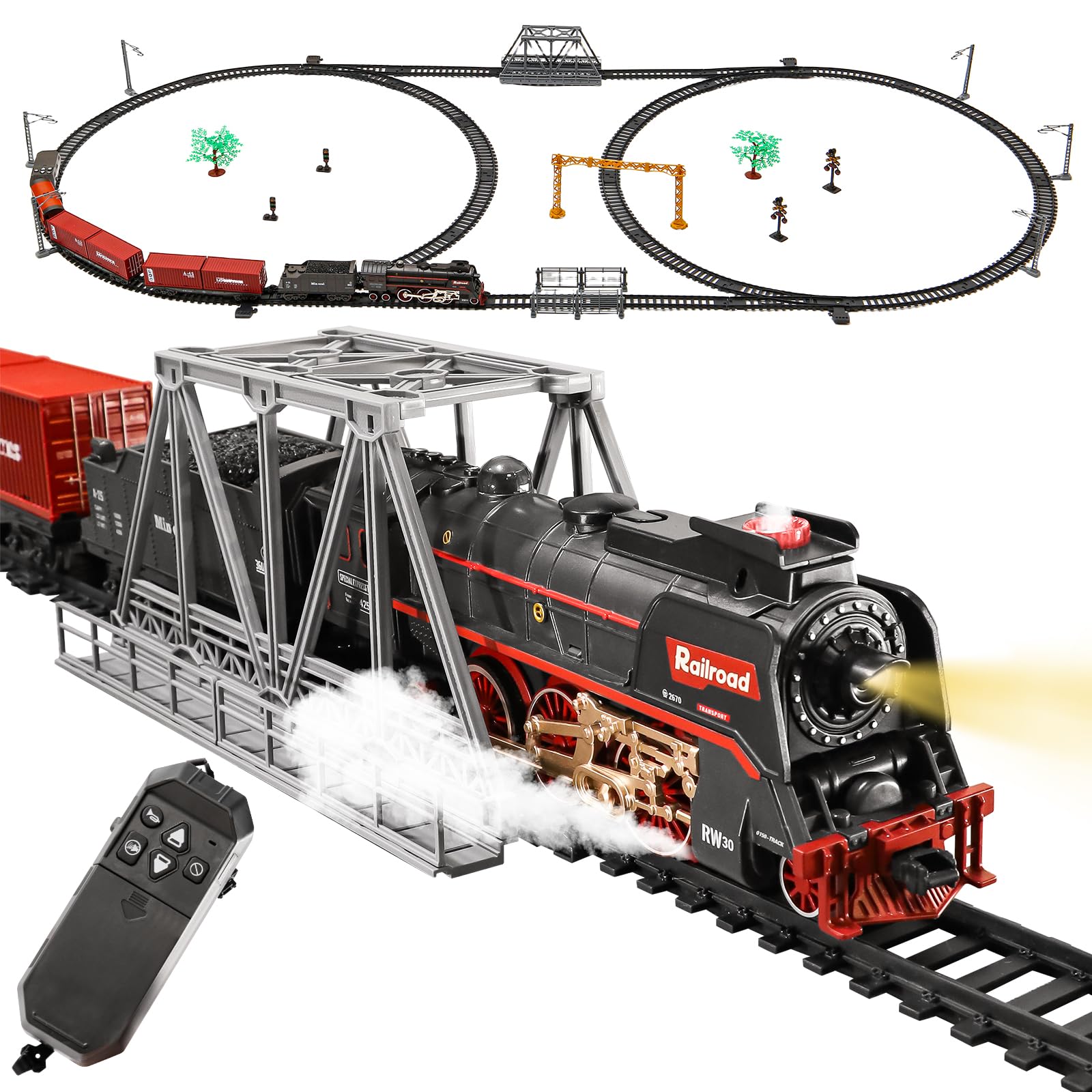 Remote Controlled steam Train Toy, Equipped with Luxurious Tracks and Glowing, Smoke and Sound Train Set, Rechargeable, Suitable for Children Aged 3 to 8 and Above as a Christmas Toy Gift