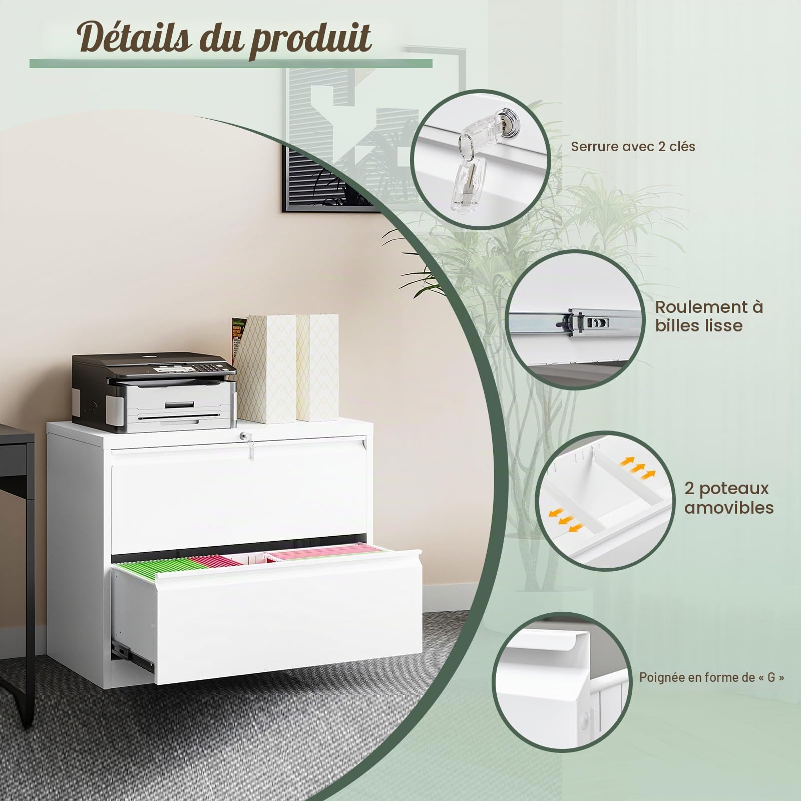 Armoire de Bureau en Acier - Commode 2 Tiroirs, Buffet, Placard de Rangement - Meuble de Classement pour Chambre, Salon, Entrée - 90x40x103 cm Blanc