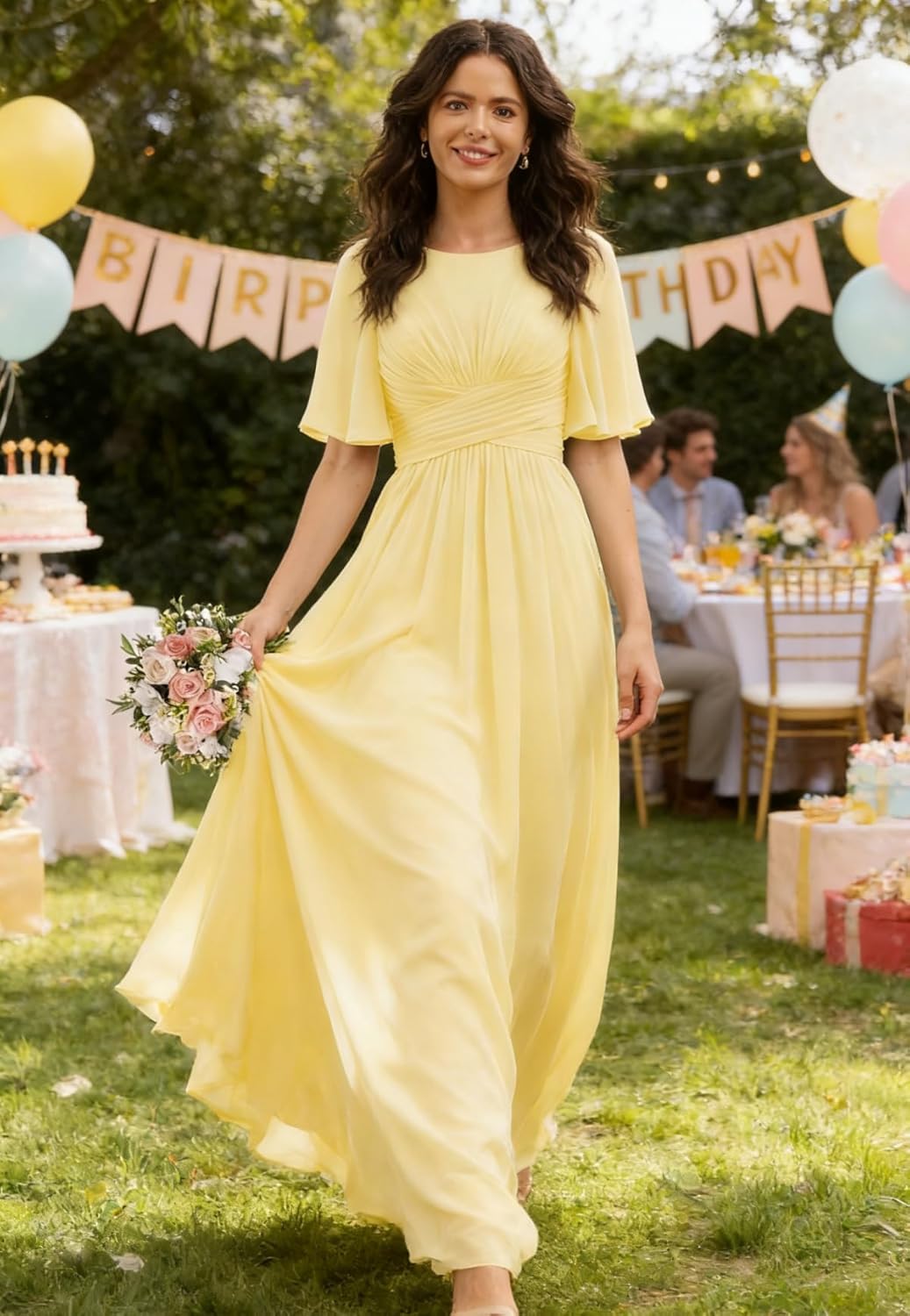 Women's Flutter Sleeves Bridesmaid Dress Scoop Neck Ruched Maxi A Line Chiffon Formal Evening Dresses with Pocket ZU113 - Image 7