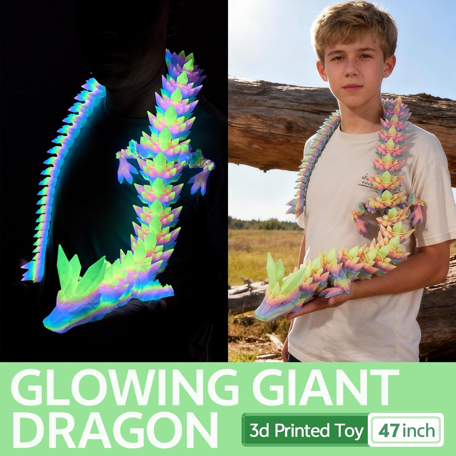 47 ”3D Printed Dragon Large 3D Dragon--Bigger Fidget Toy Gift for Kids, Boys, Girls & Adults,Cool Giant Crystal 3-D Printed Animals Desk Decor，easter basket essentials（47.5in Luminous Rainbow）