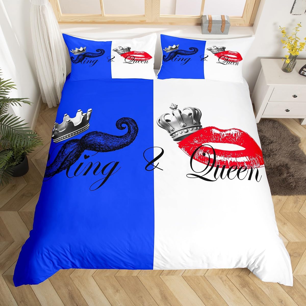Blue White King and Queen Comforter Cover Set Couples Lovers Bedding Set Full Size for Women Men Adults Red Lips Duvet Cover Romantic Theme Bedspread Cover for Couple Soft Lightweight Quilt Cover