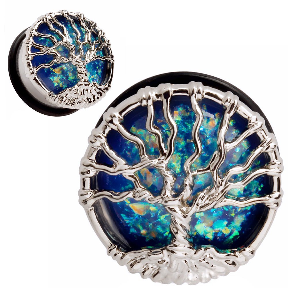 Ear Gauges Ear Plugs Stainless Steel Twisted Tree of Life W blue opal single flare tunnels