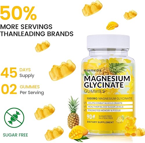 Miniatura 44 de Gomitas de glicinato de magnesio de 1000 mg, suplementos de magnesio y potasio masticables para adultos con L-treonato para dormir, apoyo corporal
