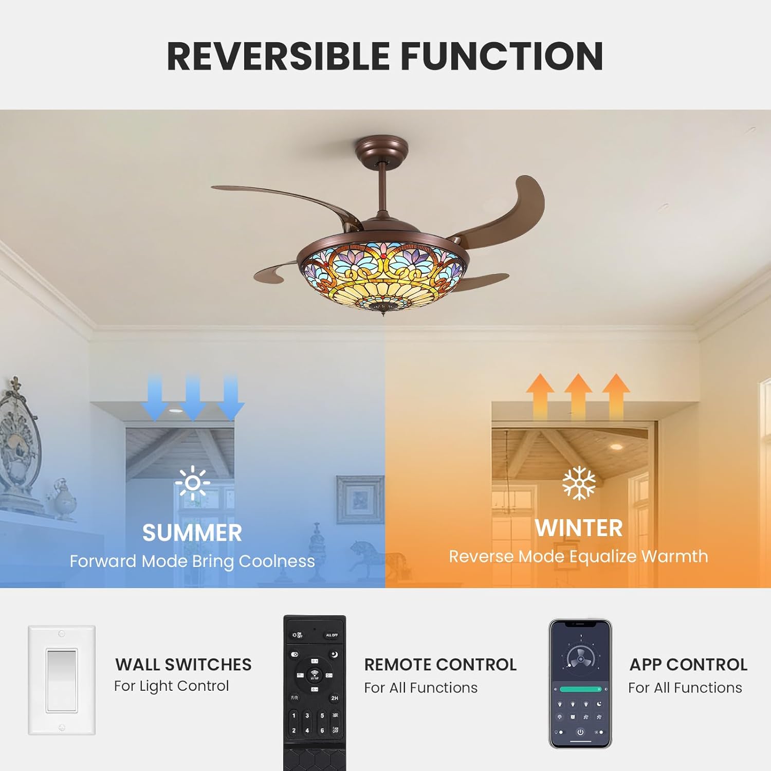 52inch Tiffany Ceiling Fan Chandelier with 4 Retractable Blades Large Fandelier Stainglass Light Dimmable Rversible Vintage Style Ceiling Fan for Living Room Bedroom Kitchen Dining Room